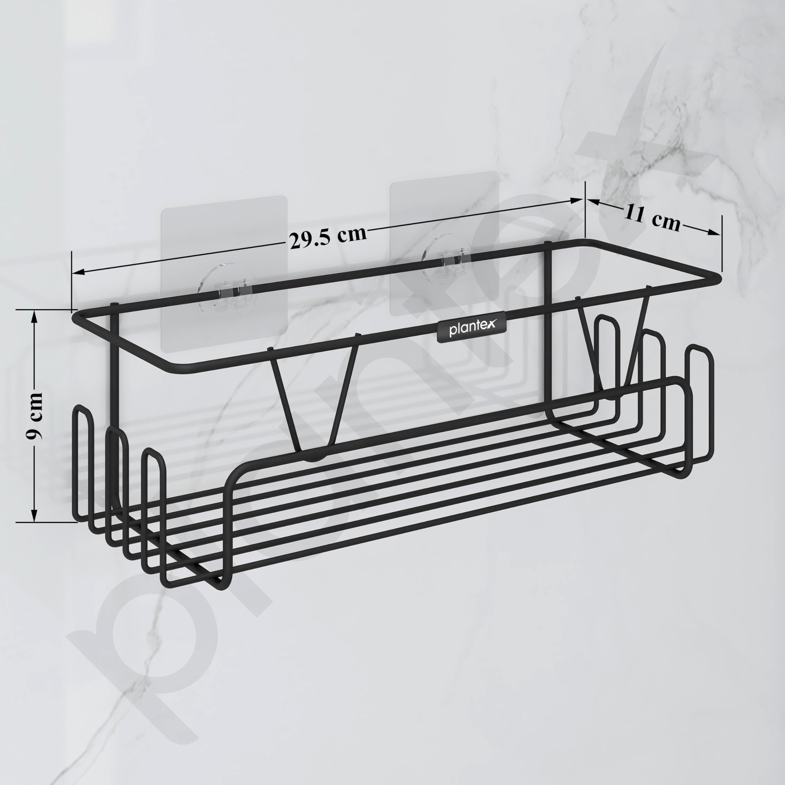 Plantex GI Steel Bathroom Shelf with Self-Adhesive Mounting, No Drilling Needed - Includes Side Hooks & Magic Stickers, Powder Coated Black (4-Pack) - Perfect for Small Bathrooms, Showers & Apartments