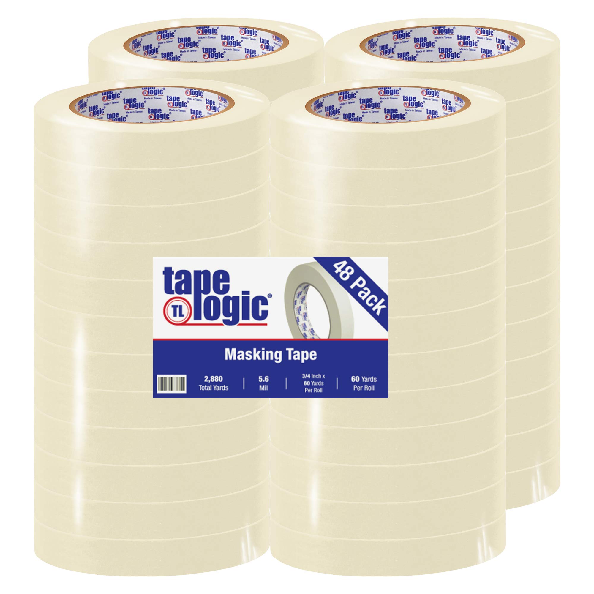 Tape Logic 2400 Industrial Masking Tape (48 Rolls Bulk Pack) 3/4 Inch x 60 Yards, Natural - Removable & Easy Tear for Painting, Labeling, Arts & Crafts | Perfect for Home DIY Projects, Wall Protection & Professional Use