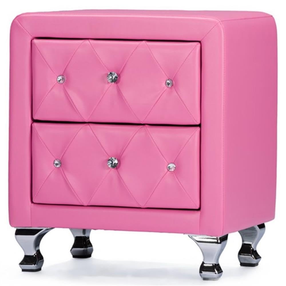 BOWERY HILL Modern 2-Drawer Faux Leather Crystal Tufted Nightstand - Stylish Bedside Table for Bedroom Decor & Small Space Storage