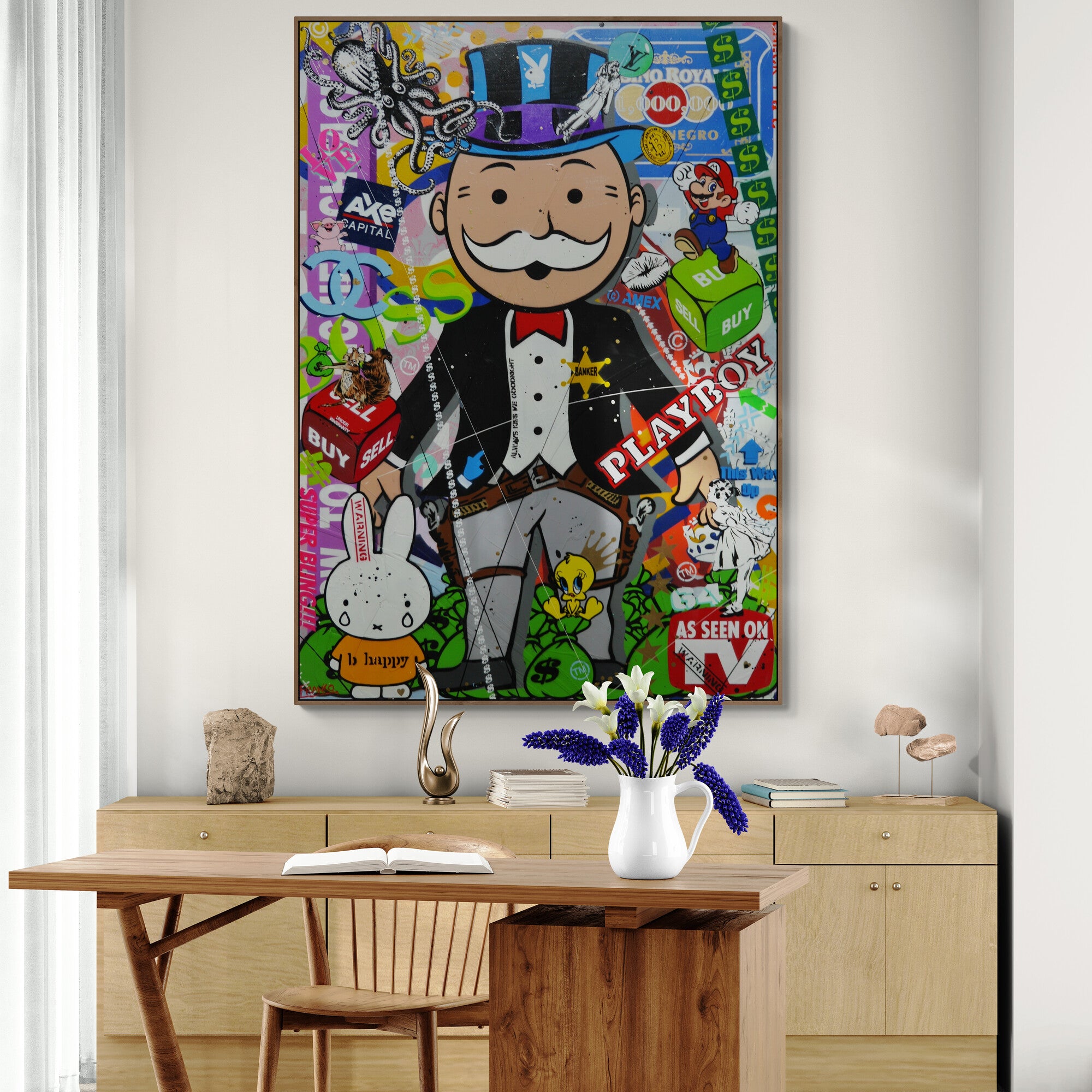 100cm x 140cm Monopoly Man Textured Urban Pop Art Spray Paint Canvas - Modern Wall Decor for Living Room, Office & Game Room