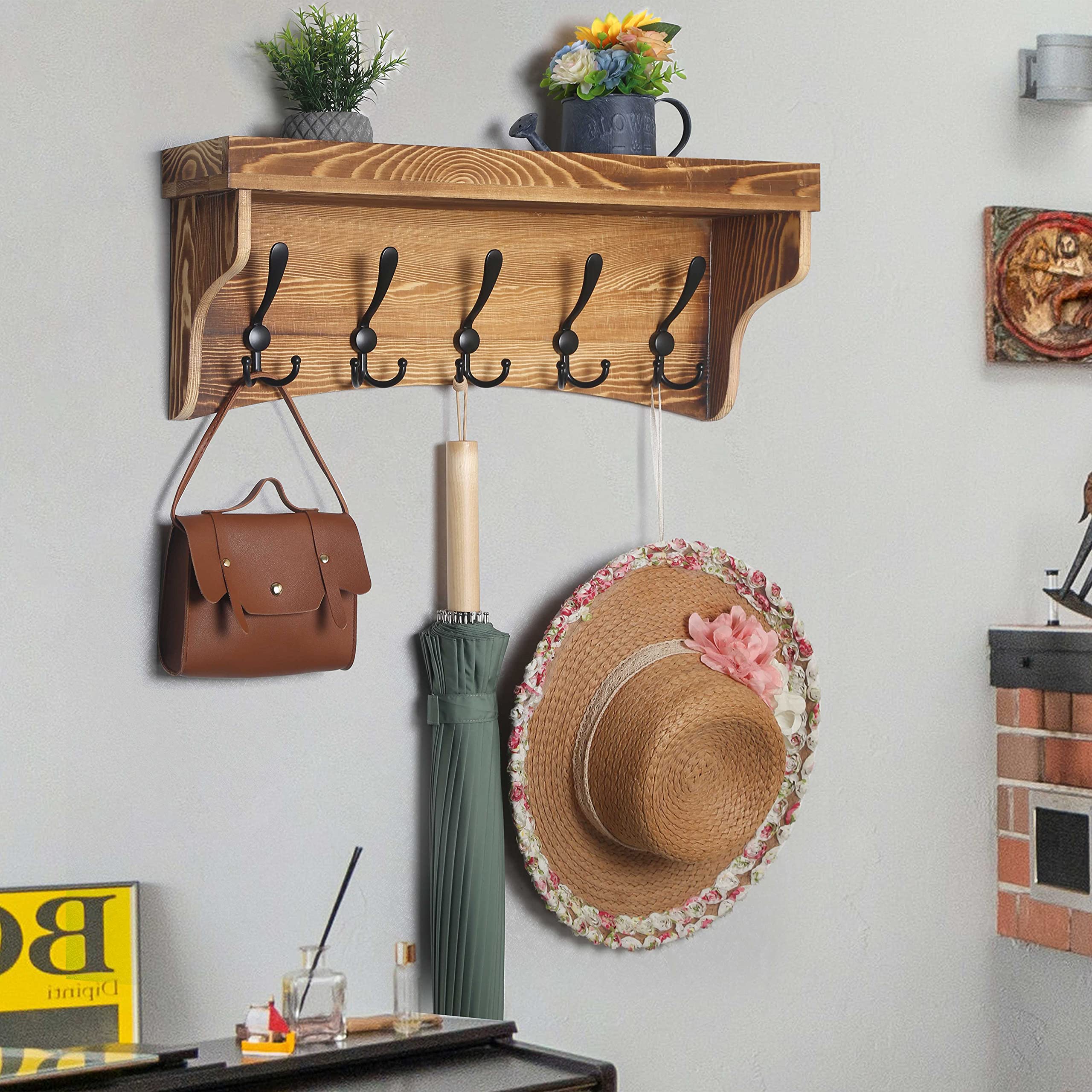 WEBI 24’’ Wall Shelf with 5 Triple Hooks - Rustic Brown Coat Rack & Key Holder - Bathroom & Entryway Storage Solution - Space Saving Wall Mounted Shelf for Hats, Bags & Home Organization