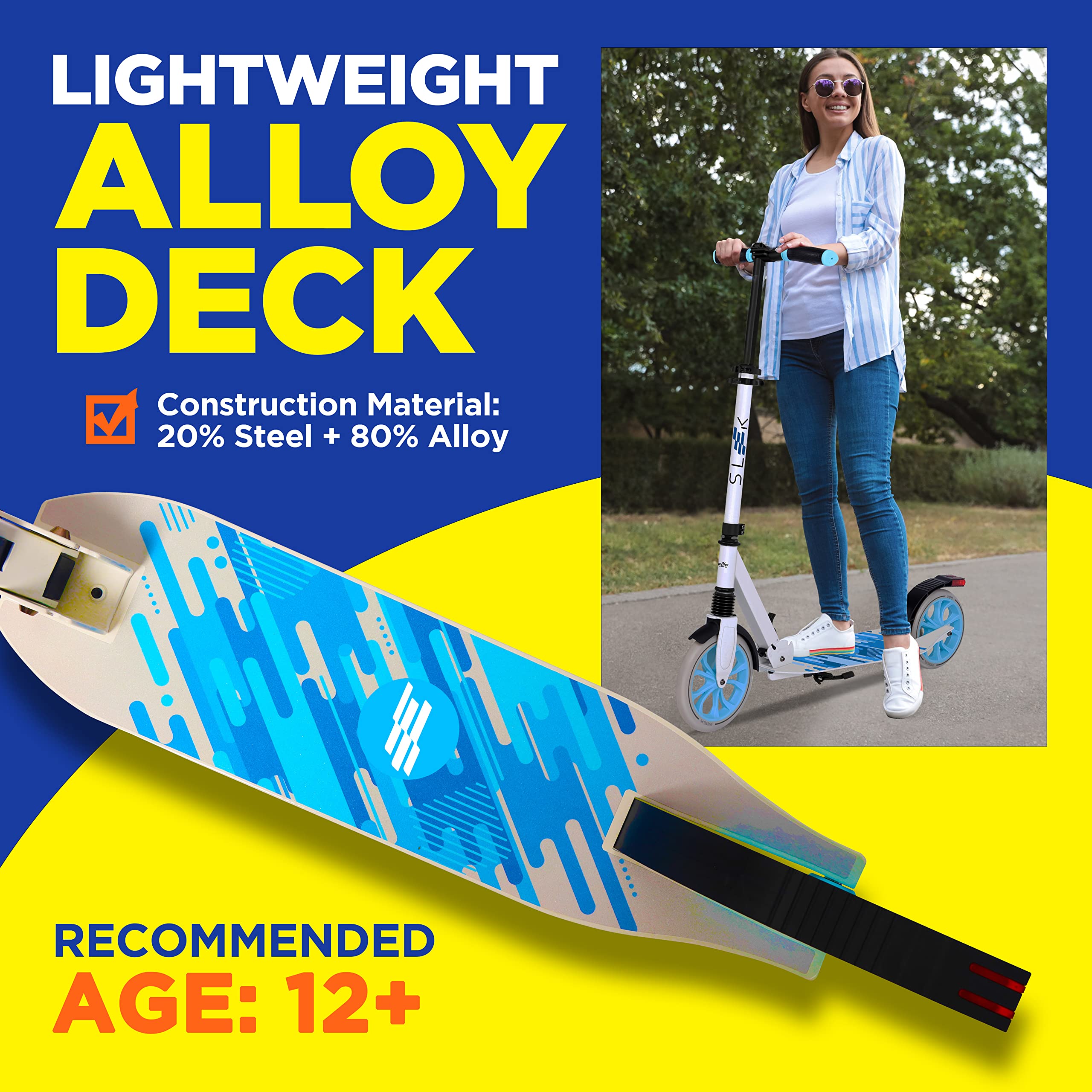 SereneLife Adjustable Kick Scooter for Adults, Teens & Kids - 2-Wheel Folding Scooter with Anti-Slip Alloy Deck & T-Bar Handlebar - Portable Design with Carrying Strap - Perfect for Commuting, School, Parks & Outdoor Fun