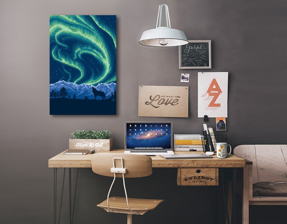 Lantern Press Northern Lights and Wolf Wall Art - 16x24 Wrapped Canvas Print for Home Decor, Living Room, Bedroom & Office | Aurora Borealis Wildlife Painting