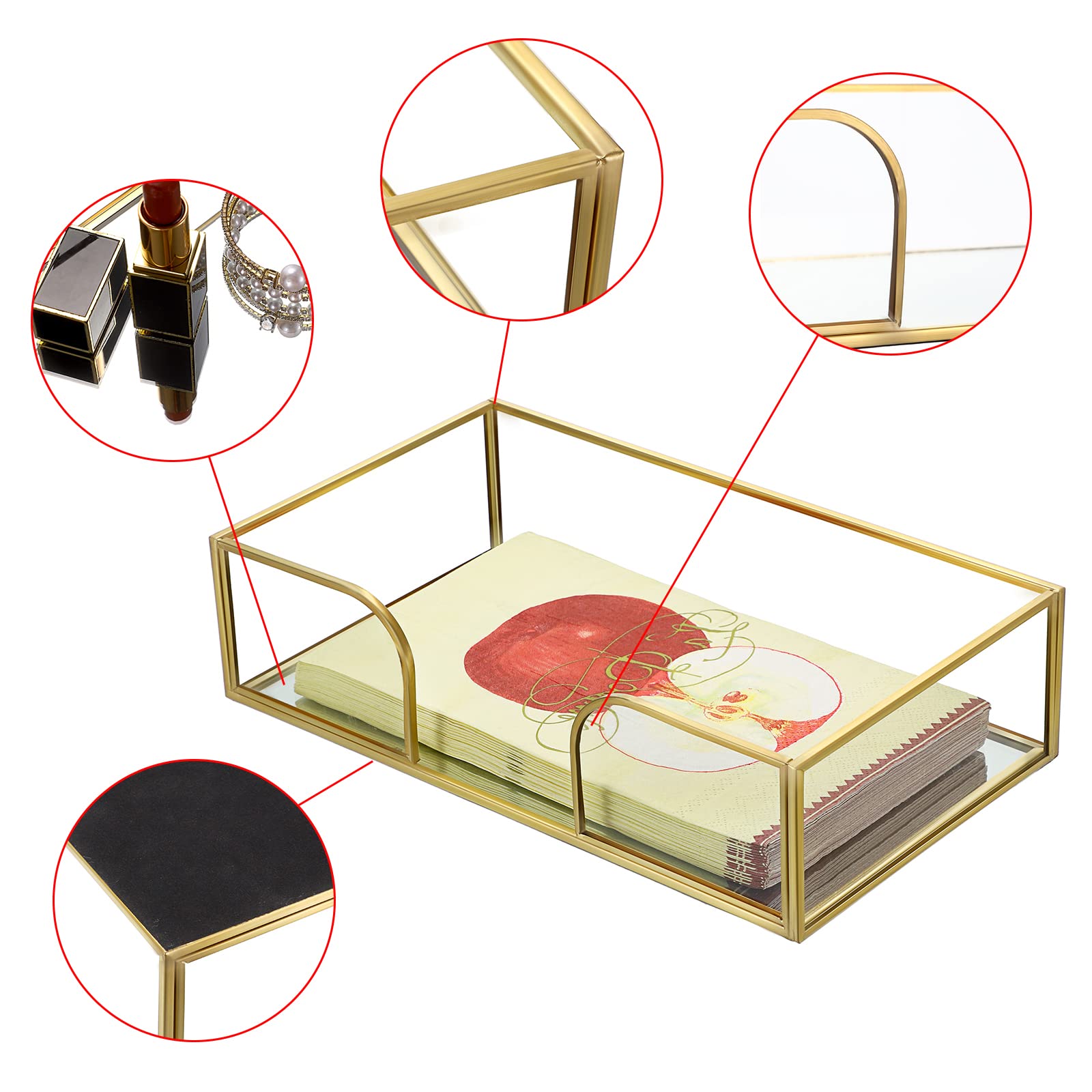 Sumnacon Rectangle Glass Napkin Holder - Gold Bathroom Guest Towel & Paper Napkin Organizer for Vanity, Toilet Tank, Kitchen Countertop | Elegant Decorative Tray for Home & Restaurant Use