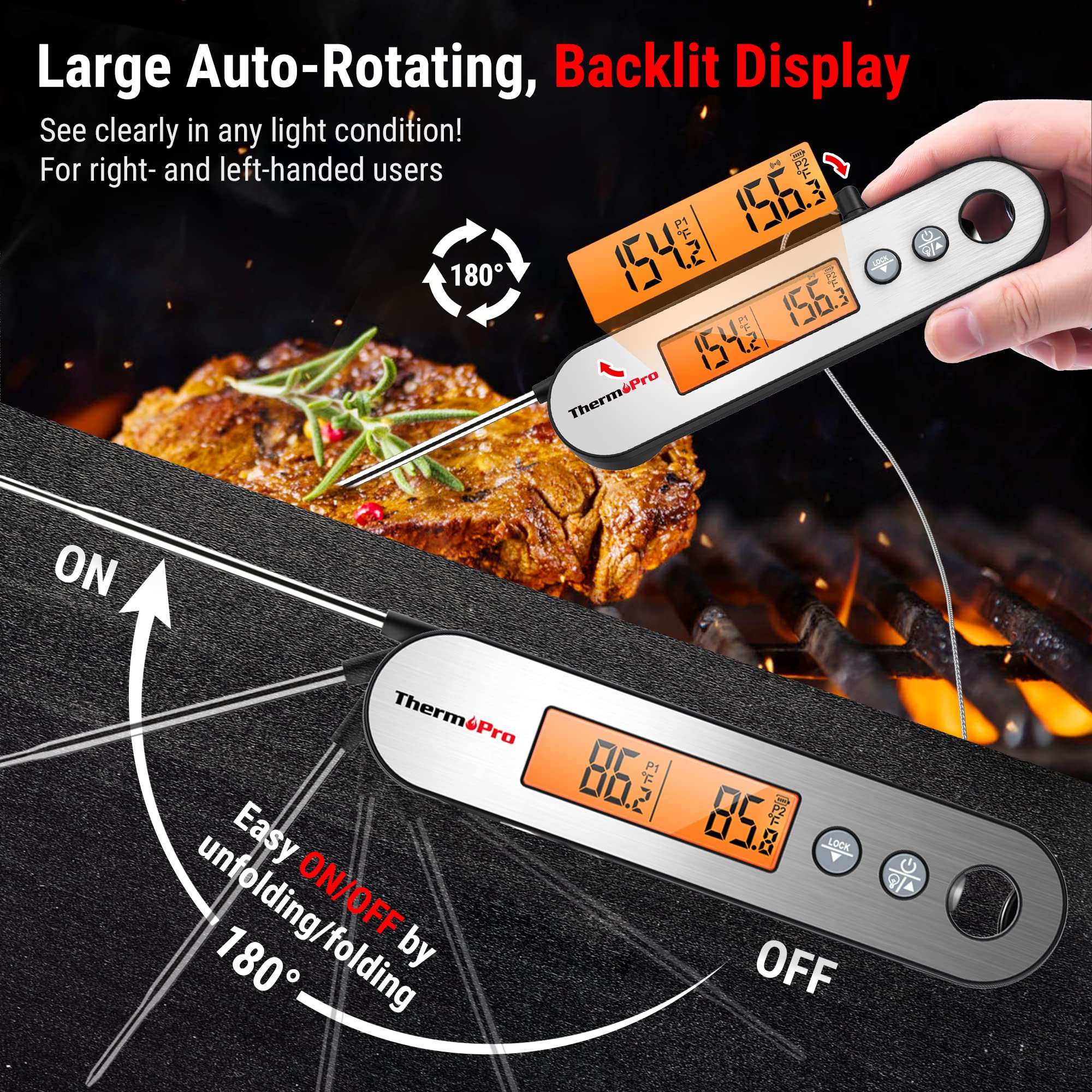 ThermoPro TP610 Digital Meat Thermometer - Rechargeable Instant Read Food Thermometer with Rotating LCD Screen & Alarm | Waterproof Cooking Thermometer for Grilling, Smoking, BBQ, Oven & Kitchen Use | Perfect for Steak, Turkey, Chicken & Baking
