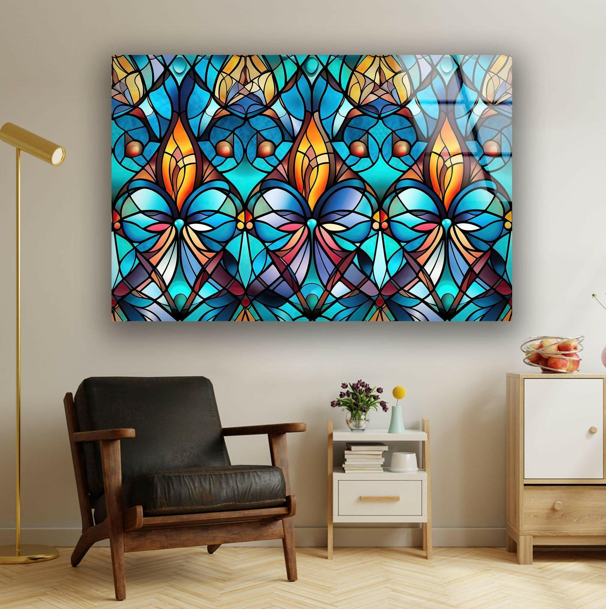 Handmade Blue Stained Glass Wall Art - Elegant Tiffany Style Window Panel Decor for Living Room, Bedroom & Church - Perfect for Home, Office & Wedding Decorations