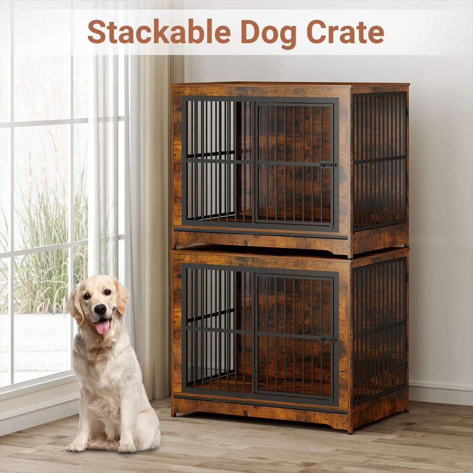 86 Inch Double Dog Crate Furniture with Divider - 4-in-1 Convertible Large Dog Kennel for 2 Dogs - Rustic Brown Corner Pet Crate for Small, Medium & Large Breeds - Perfect for Living Rooms, Bedrooms & Home Offices