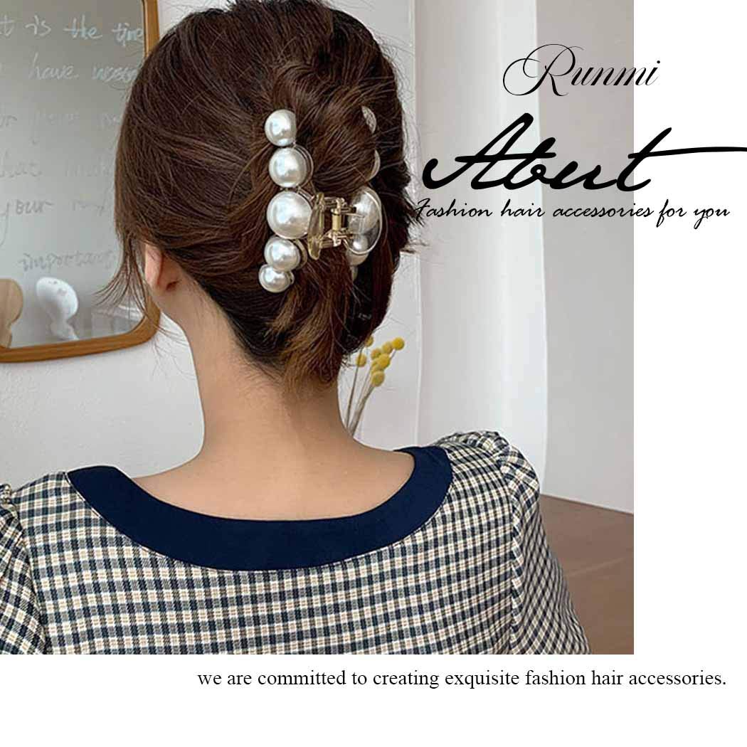Runmi Pearl Hair Claw Clips for Women - 2PCS French Design Large Hair Clips with Pearl Accents, Black Hair Accessories for Women & Girls | Perfect for Updos, Ponytails & Everyday Hairstyles