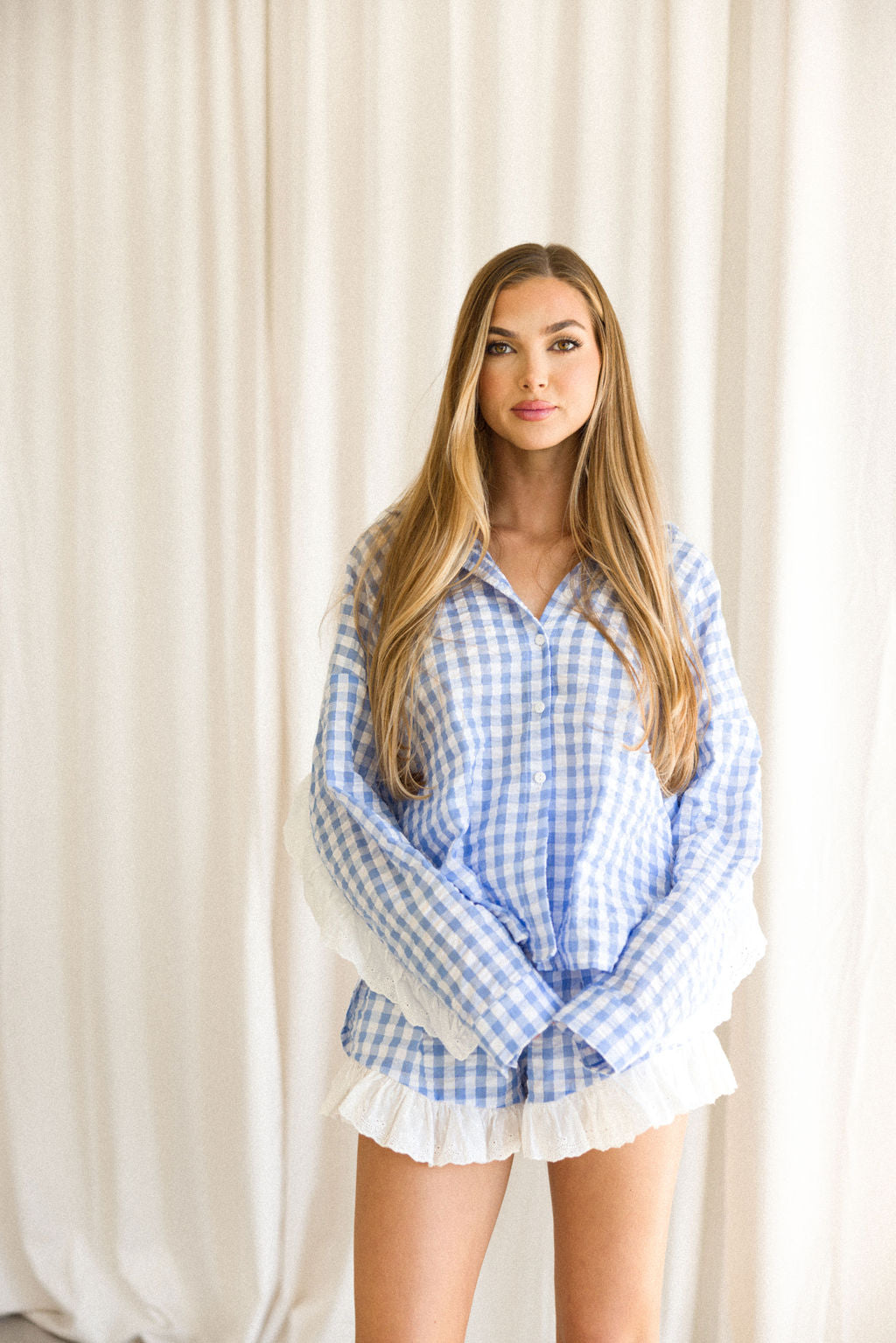 Delaney Ruffle & Gingham Button Down Shirt with Shorts Set - Light Blue Nursing Friendly Outfit for Moms | Comfortable Maternity & Breastfeeding Clothes for Daily Wear, Park Outings & Family Photos