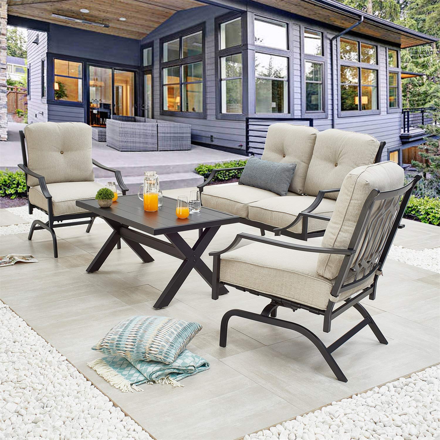PatioFestival 4-Piece Outdoor Metal Conversation Set with All-Weather Cushions - Loveseat, 2 Rocking Chairs & Coffee Table - Perfect for Poolside, Lawn, Garden, Backyard & Patio Relaxation