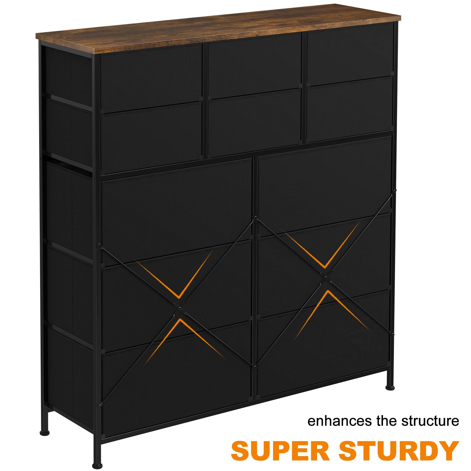REAHOME 12-Drawer Dresser for Bedroom - Wooden Top Steel Frame Chest of Drawers, Large Capacity Storage Organizer for Living Room, Entryway & Office - Rustic Brown - Perfect for Bedroom Storage & Home Organization