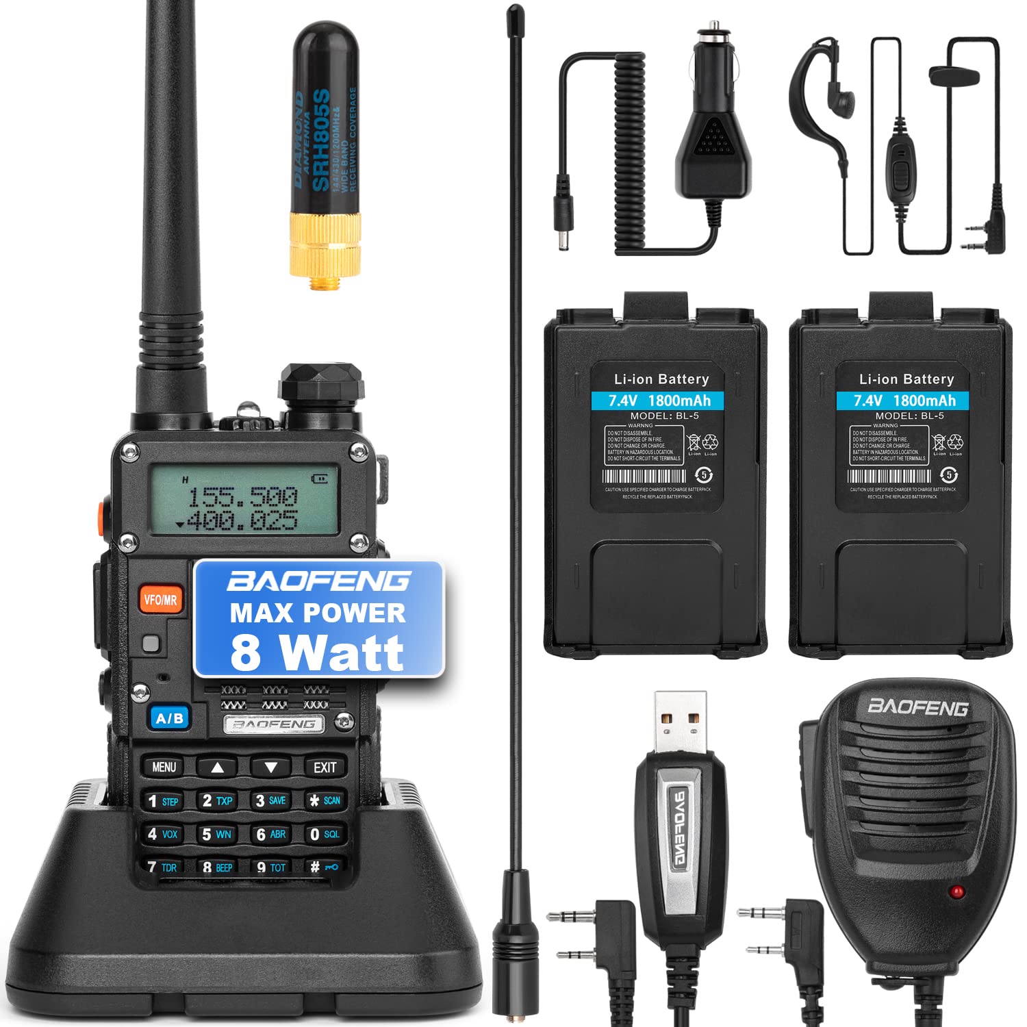 BaoFeng UV-5R 8-Watt 3rd Gen Dual-Band Two-Way Radio - Handheld Ham Radio with 2 Rechargeable Batteries, Earpiece & Programming Cable - Complete Walkie Talkie Set for Outdoor Adventures, Emergency Communication & Hiking (Pack of 1)