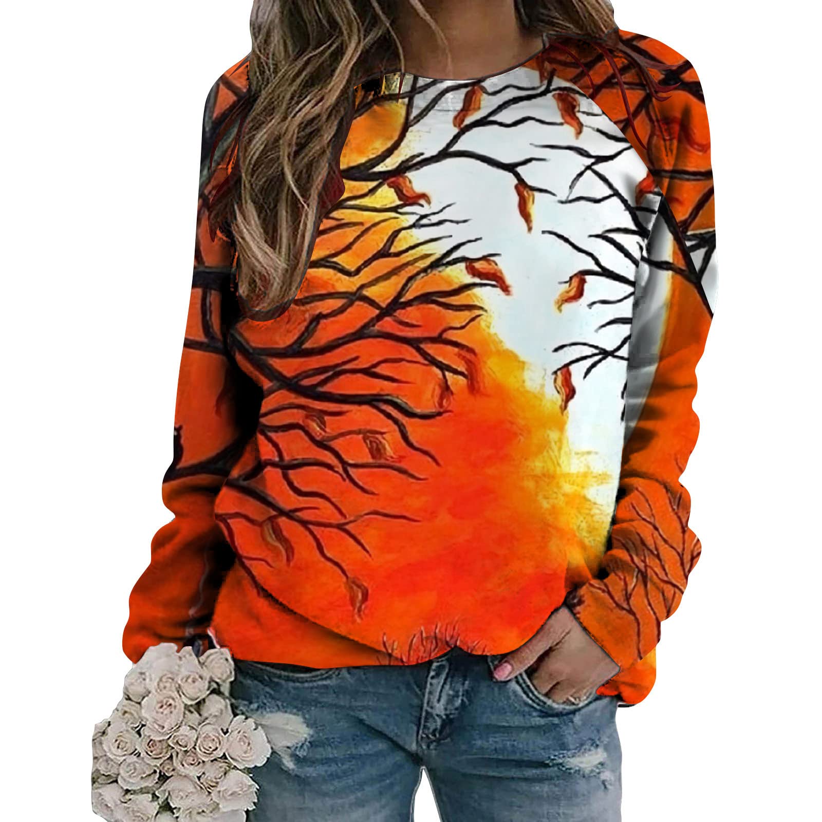 2022 Women's Halloween Crewneck Sweatshirt - Comfy Loose Long Sleeve Top with Crow & Castle Print | Holiday Blouse for Costume Parties, Trick or Treating & Fall Festivals