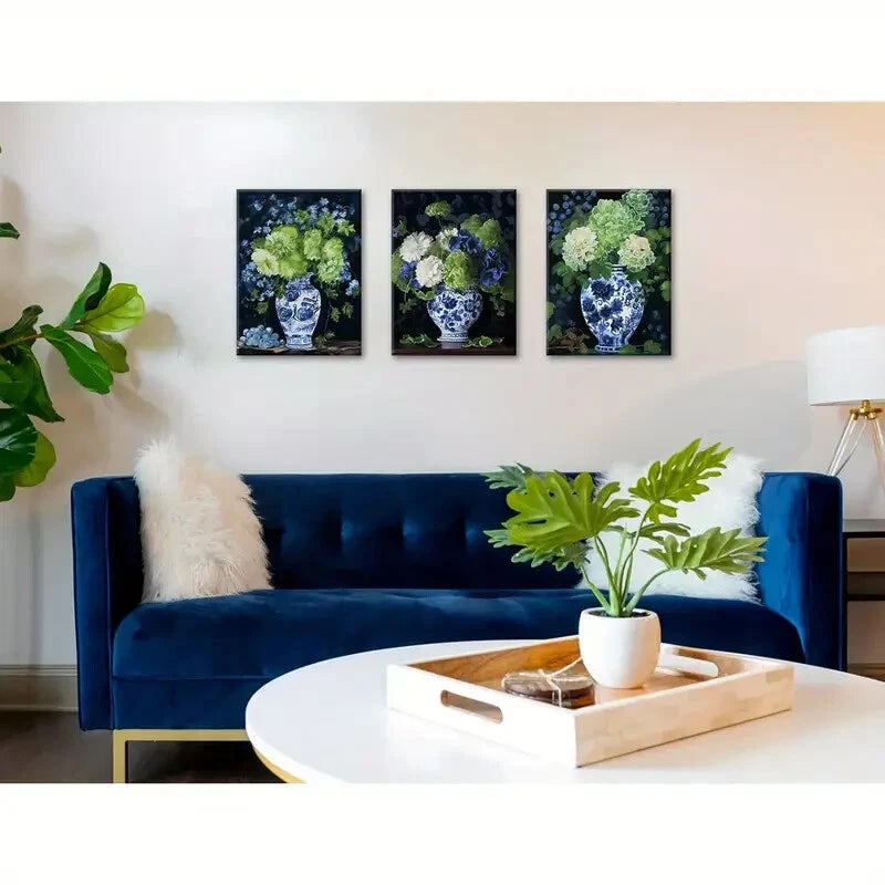 3-Piece Aesthetic Blue & White Porcelain Vase Metal Wall Art - Ready to Hang Home Decor for Living Room, Bedroom & Office