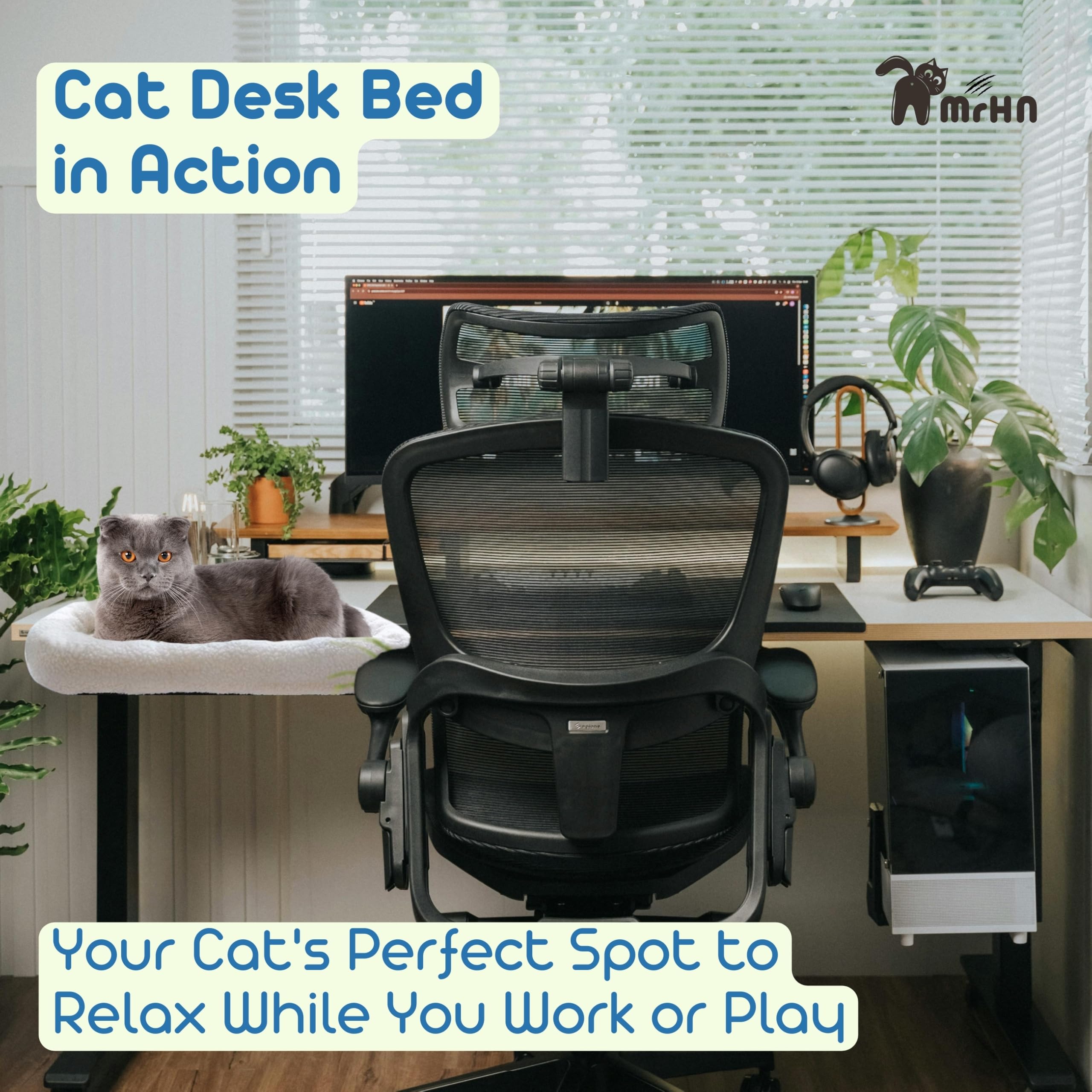 MRHN Cat Desk Bed - Cozy & Secure Desk-Mounted Cat Bed for Small & Medium Cats, Perfect for Home Office, Study, or Workspace - Washable & Space-Saving Pet Accessory (Grey)