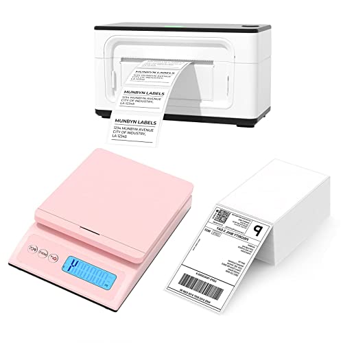 MUNBYN Pink Digital Shipping Scale with 300dpi Label Printer - 150mm/s High-Speed 4x6 Direct Thermal Label Printer for USPS, UPS, FedEx - Includes 500 Sheets 4x6 Label Paper - Perfect for Ecommerce, Small Business & Home Shipping