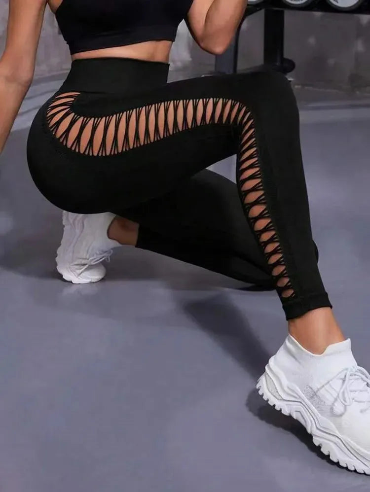 Sexy Hollow Black Seamless Leggings for Women - High Waist Yoga Pants, Gym Workout Leggings, Fitness & Running Tights - Perfect for Yoga, Pilates, Gym & Lounge Wear