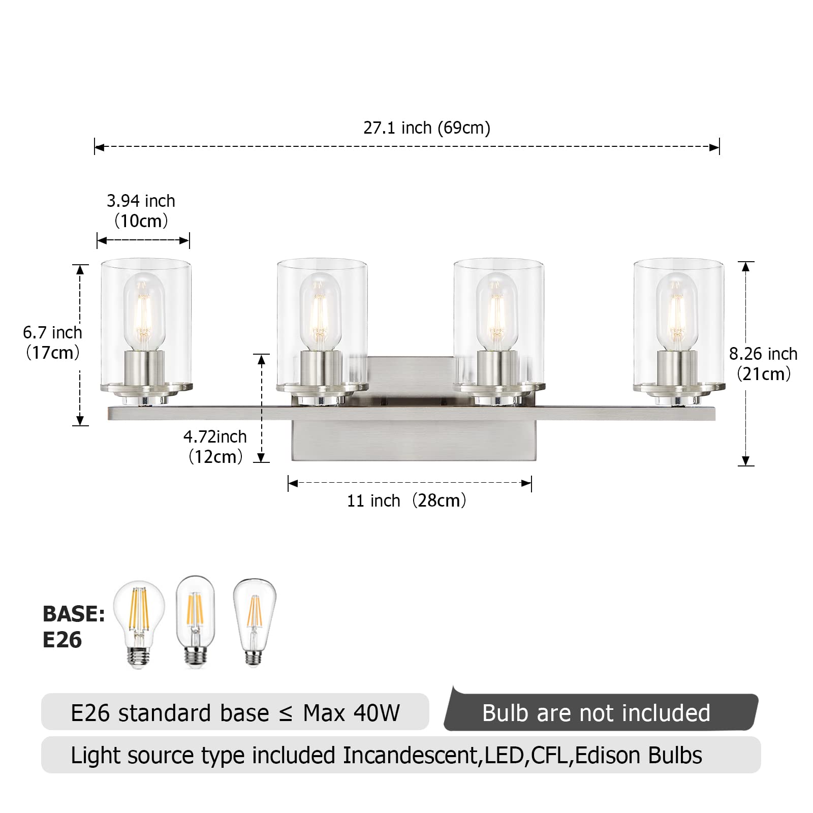 SADENICEL 4-Light Brushed Nickel Bathroom Vanity Lights with Clear Glass Shades - Elegant Wall Sconces for Bathroom Mirror Lighting, Perfect for Modern Home Decor and Spa-Like Ambiance