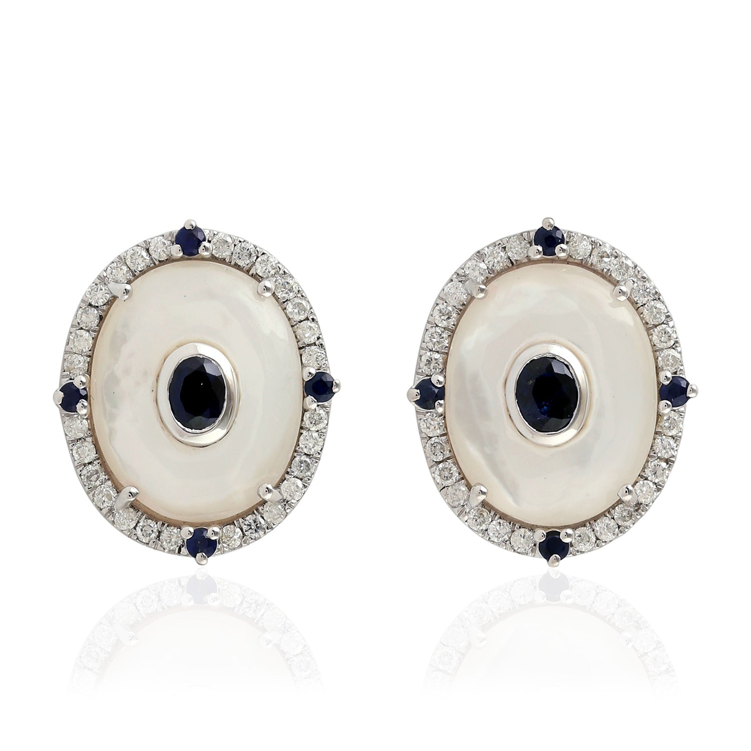 Exquisite Fancy Cut Mother of Pearl Bezel Blue Sapphire Pave Diamond Stud Earrings in 14K White Gold | Elegant Wedding, Anniversary & Evening Wear Jewelry Gift
