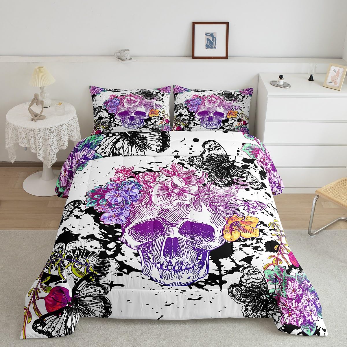 **Purple Rose Queen Sugar Skull Comforter Set - Halloween Floral Bedding with Gothic Leaves & Human Bone Skeletons - Vintage Flowers Duvet Insert for Gothic & Boho Bedroom Decor**