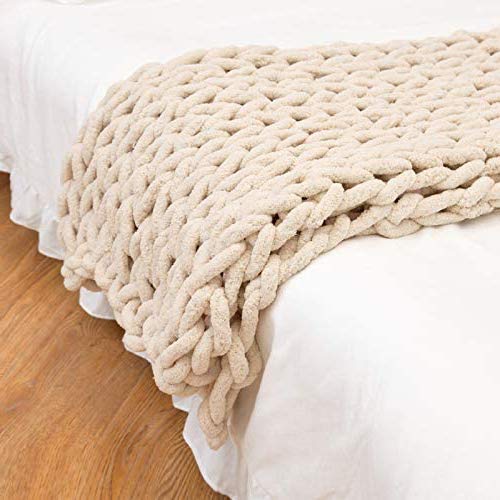 Handmade Soft Knitted Weighted Blanket - Chunky Chenille Throw Blanket for Bed, Sofa & Chair - Cozy Braided Home Decor (Beige, 150x180cm) - Perfect for Stress Relief, Anxiety Comfort & Better Sleep