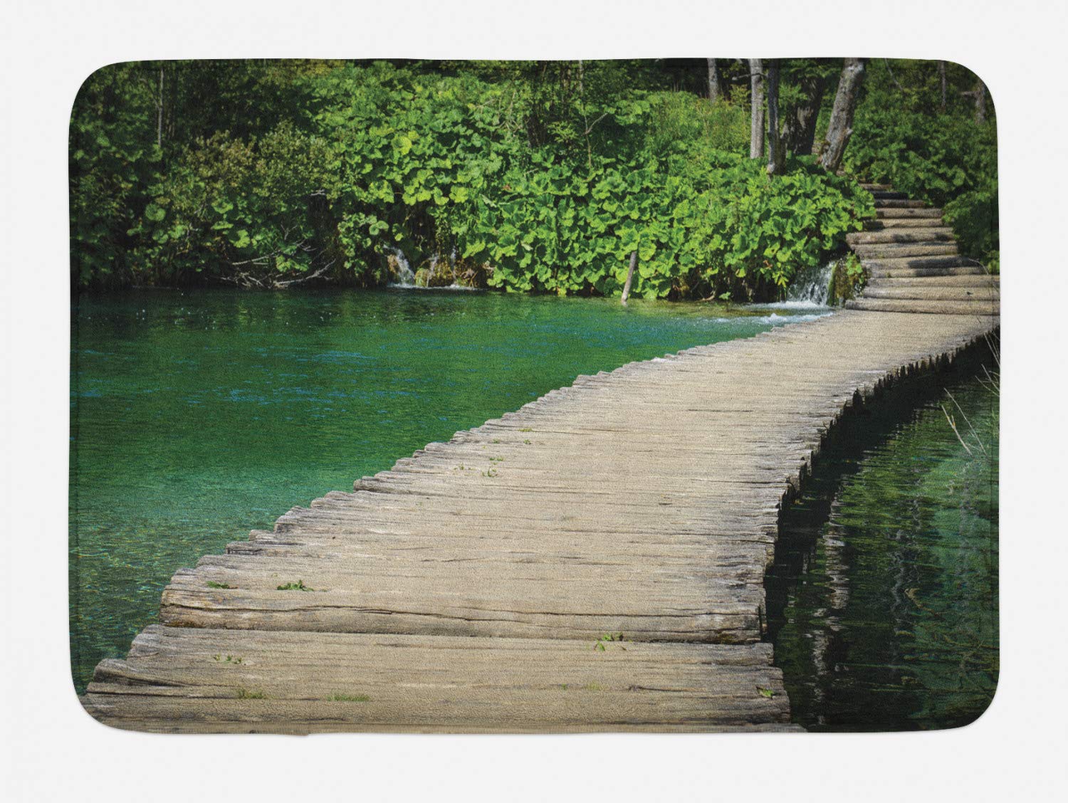 Ambesonne Plush Non-Slip Bath Mat - Green Plitvice National Park Croatia Landscape Photo, 30.2x20 Inch Lime Green Dark Eggshell Bathroom Rug for Home Decor, Spa & Guest Bathrooms