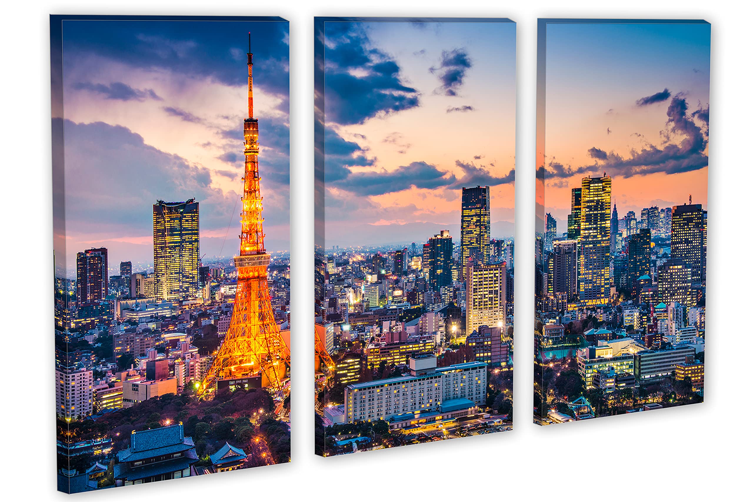 48x32 Tokyo Japan Evening Skyline Canvas Print - 3 Panel Triptych Wall Art for Living Room, Bedroom & Office Decor