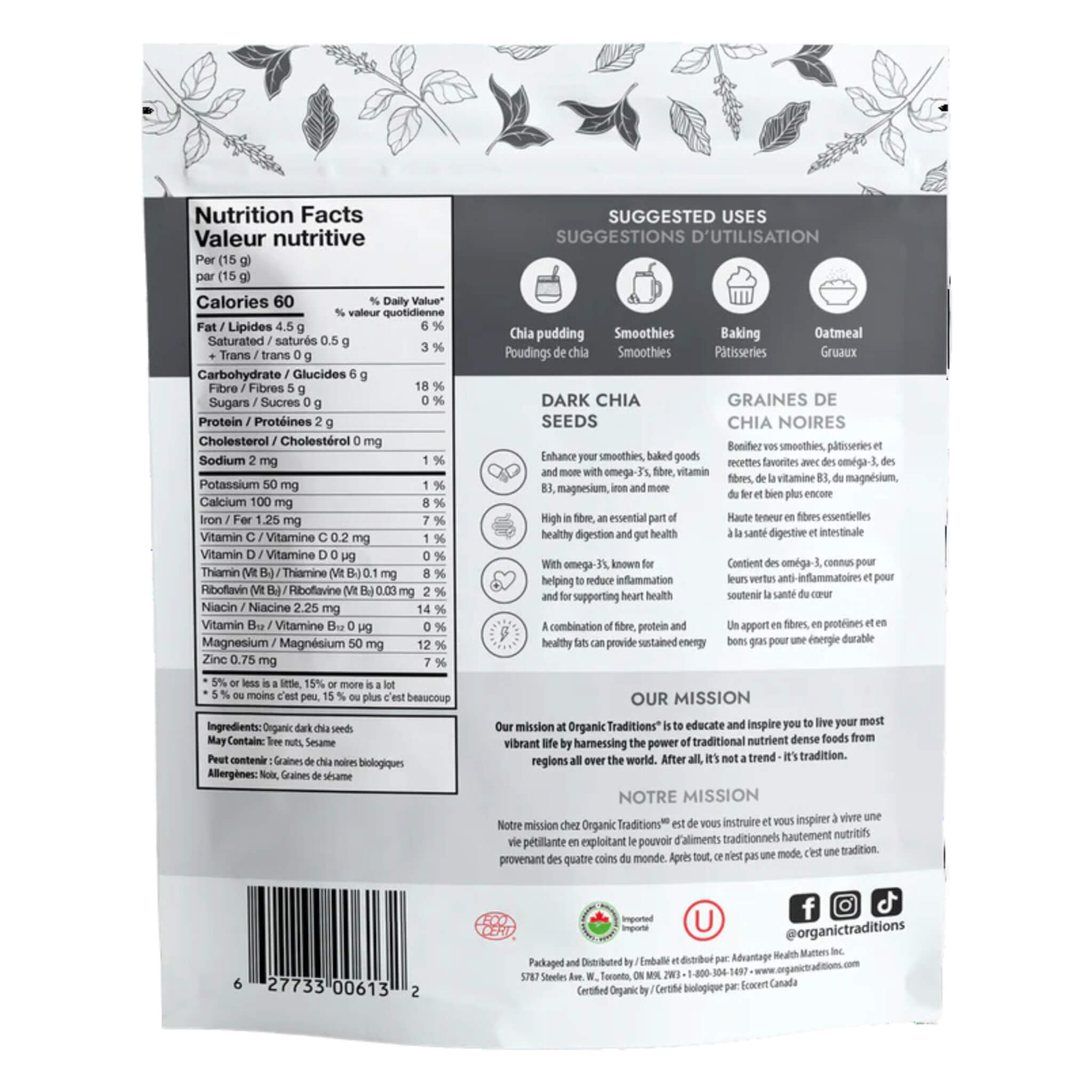 Organic Dark Chia Seeds 8oz (227g) - High in Omega-3, Fiber & Protein - Perfect for Smoothies, Baking & Healthy Breakfasts