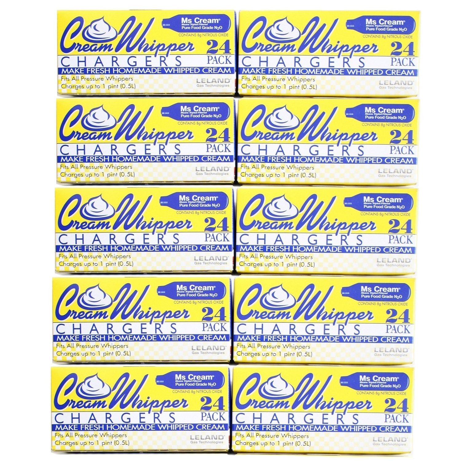 Premium Leland N2O Whipped Cream Chargers - 240 Count (Pack of 10 Boxes) | Food Grade Nitrous Oxide Cartridges for Professional Desserts, Coffee Shops & Home Baking