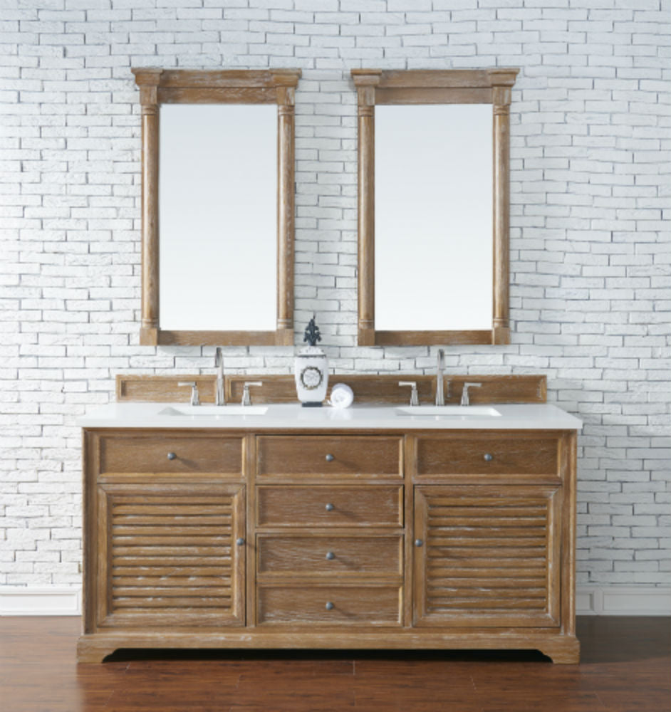 Savannah 72 Inch Double Vanity Cabinet in Driftwood Finish with 3CM Classic White Quartz Top - Perfect for Master Bathroom Renovation & Modern Home Decor