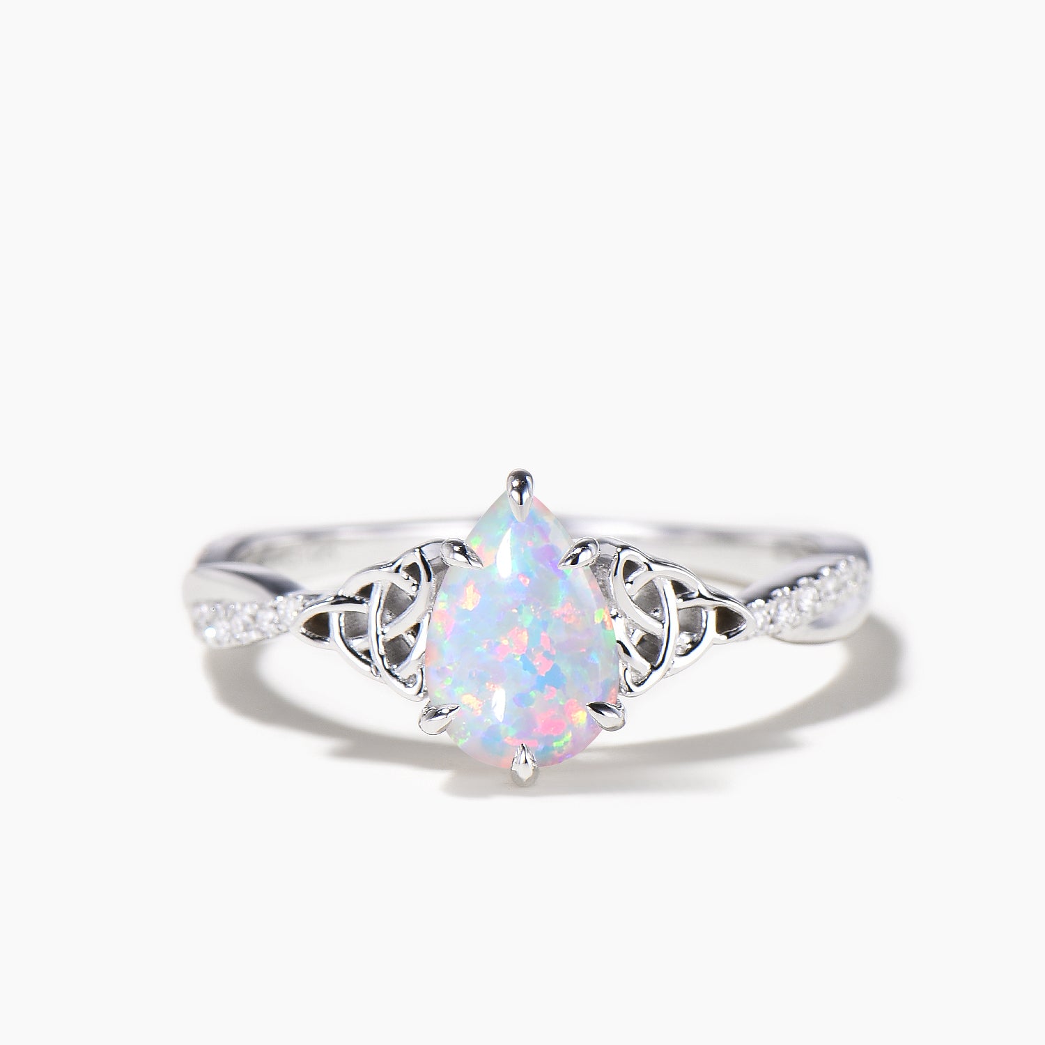 Elegant Teardrop Cut White Opal Twisted Engagement Ring with Diamond Accents – Celtic Knot Design for Wedding, Proposal & Anniversary Gifts