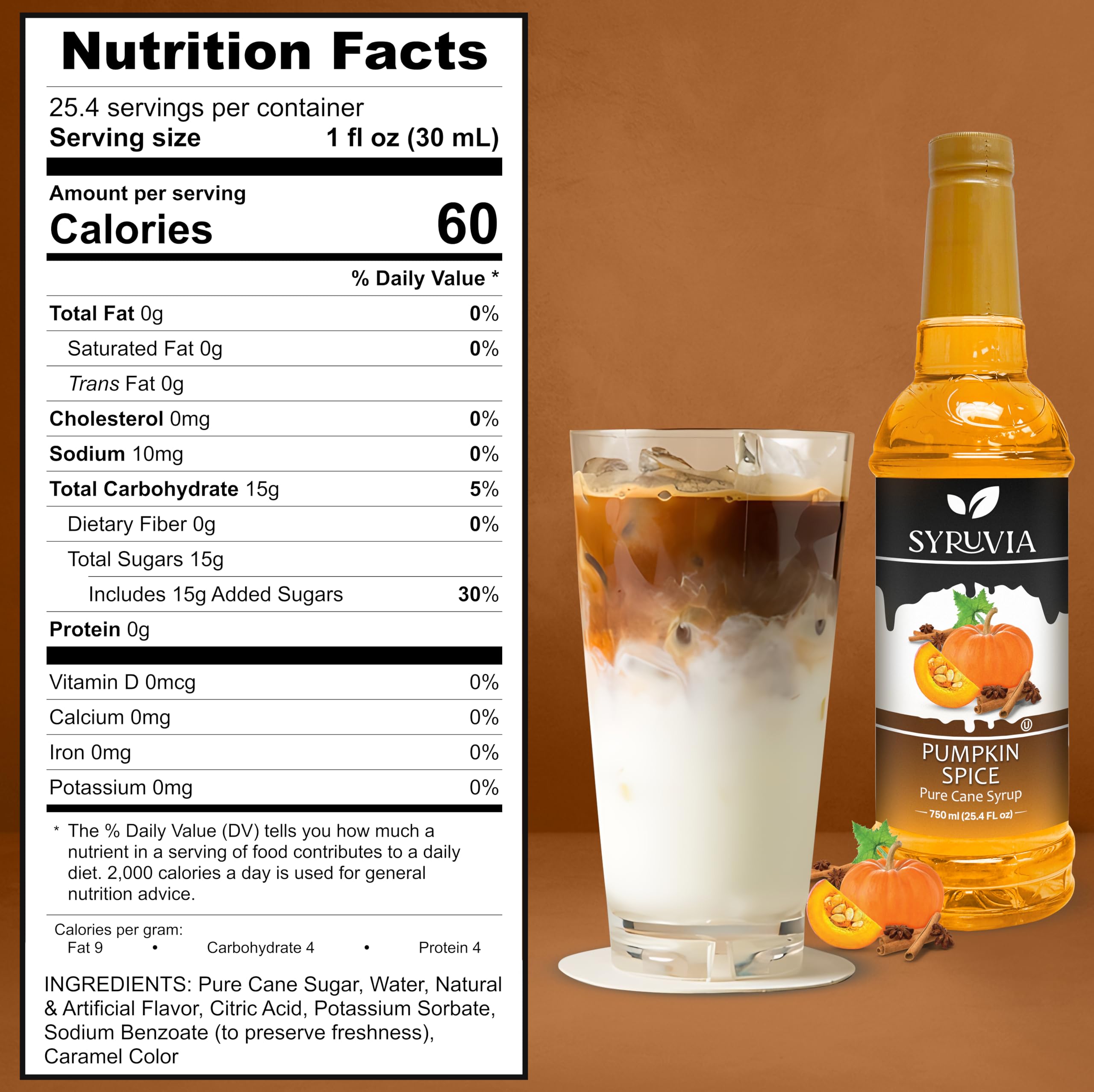 Syruvia Pumpkin Spice Syrup - 25.4 fl oz Kosher & Gluten Free Coffee Flavoring for Lattes, Baking, Cocktails & Desserts | Perfect for Fall Drinks, Pumpkin Spice Lattes & Holiday Recipes | Includes Free Syrup Pump