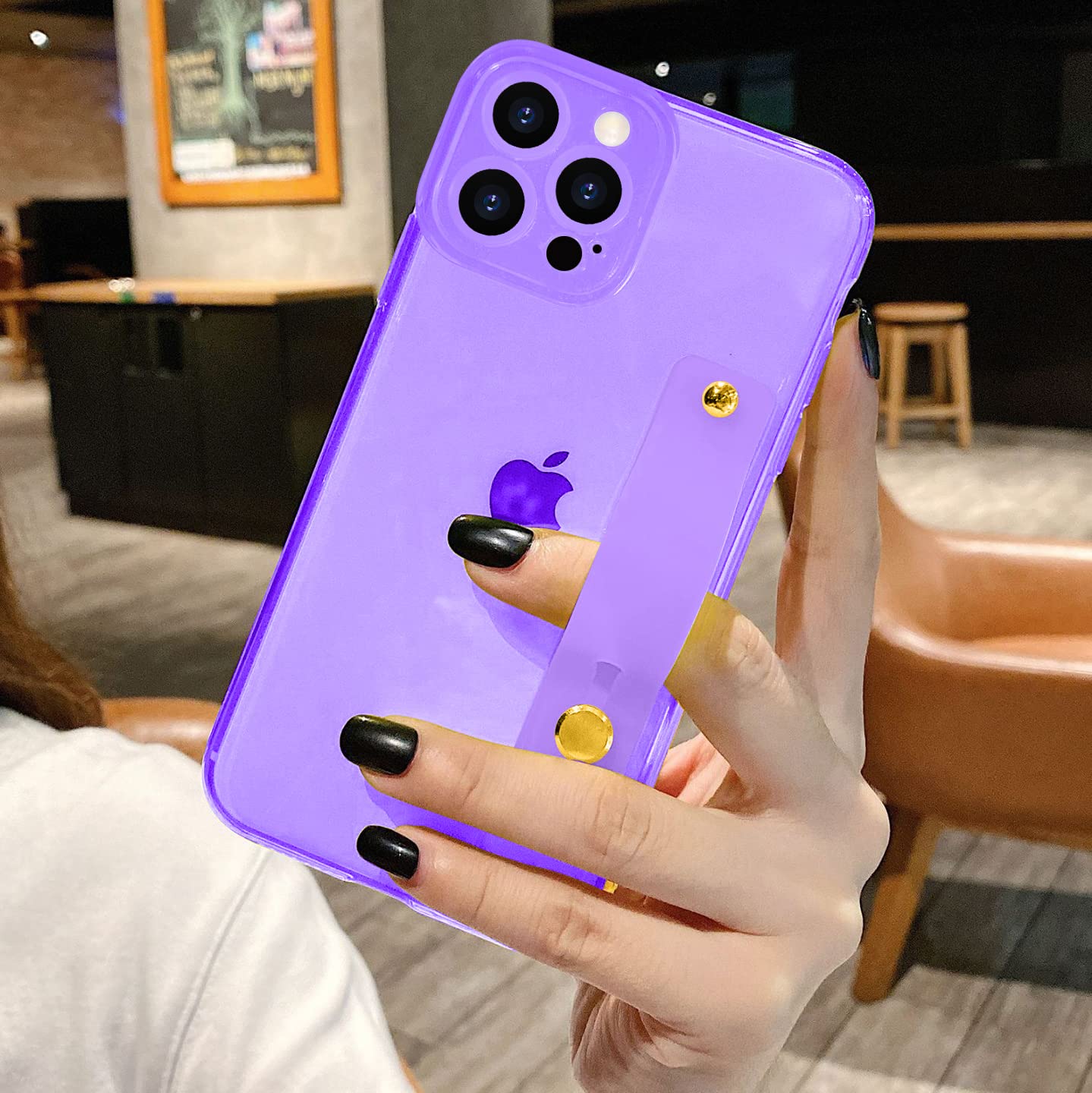 Omio Clear TPU Silicone Case for iPhone 12 Pro Max - Shockproof Slim Cover with Wristband Grip & Stand, Neon Purple Fluorescent Design - Perfect for Women & Girls - Ideal for Daily Use, Work, and Outdoor Activities