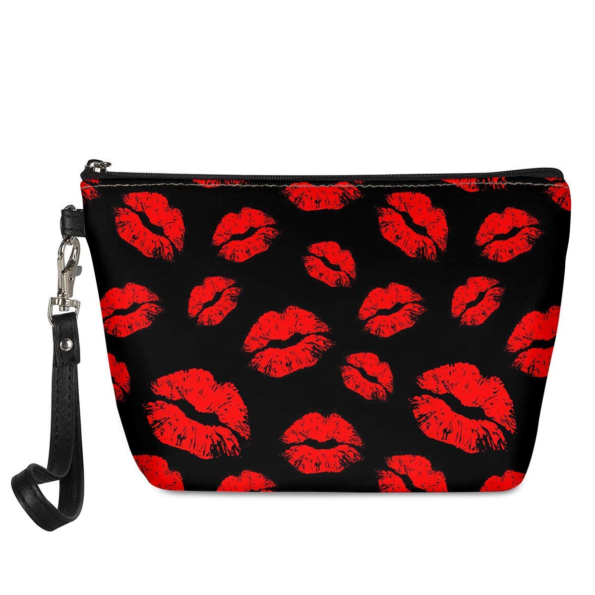 Red Lips Cosmetic Bag - Travel Makeup Pouch for Women, Small PU Leather Toiletry Organizer | Perfect for Travel, Gym & Daily Essentials Storage (Black)