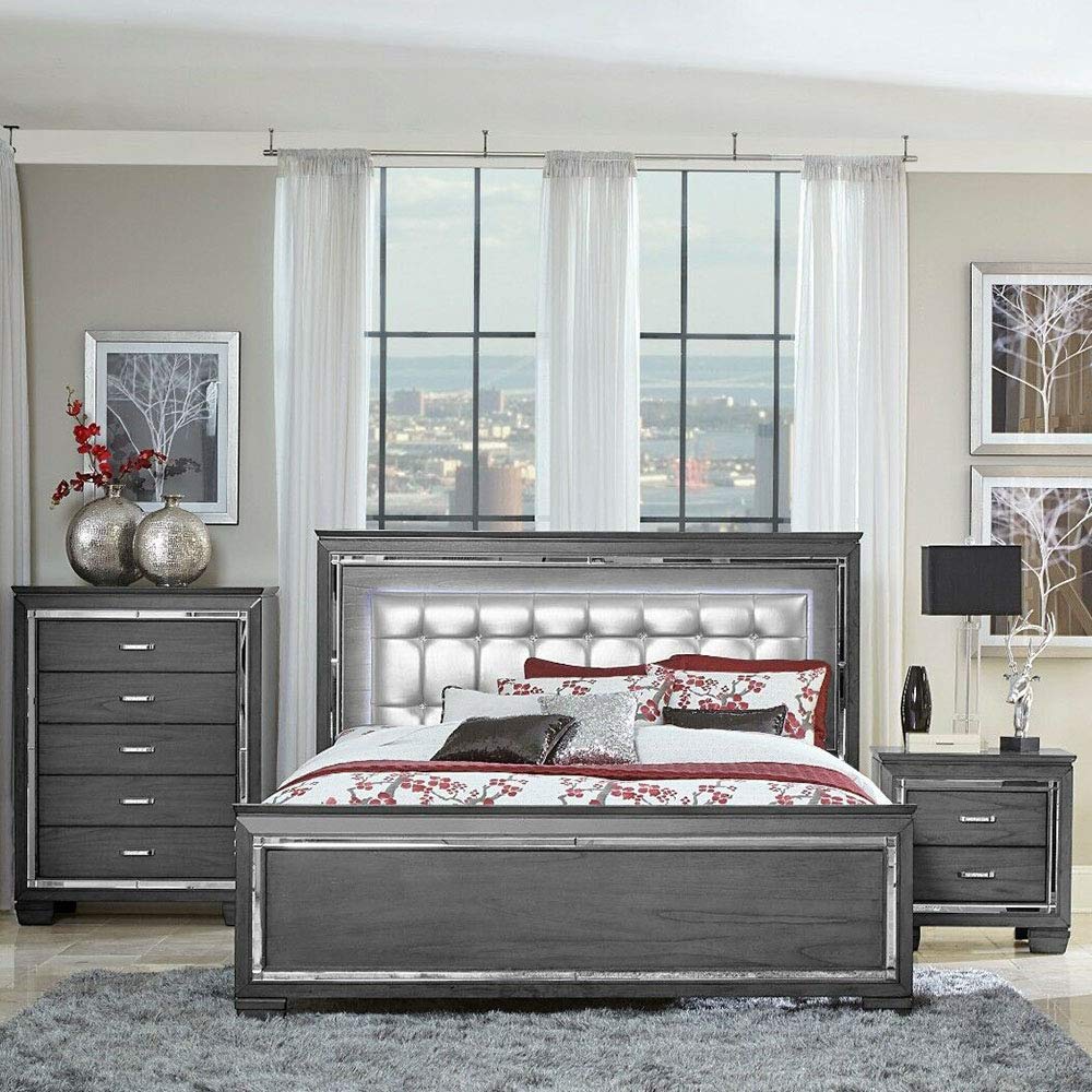 Modern Grey Silver LED Mirrored King Size Bed Frame with Wooden Accents - 80