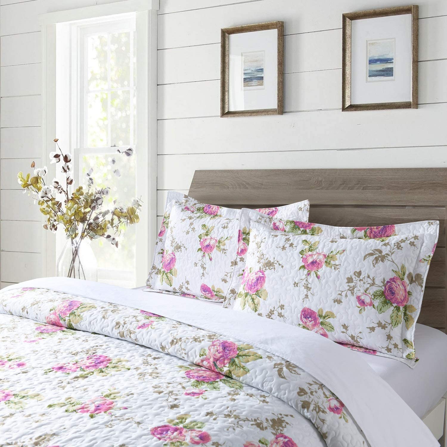 Boryard 3-Piece Full/Queen Quilt Set - Lightweight Soft Bedspread Coverlet (90x90 Inches) with 2 Pillow Shams (20x26 Inches) - Rose Floral Print Bedding for Cozy Bedroom Decor & Guest Room Essentials