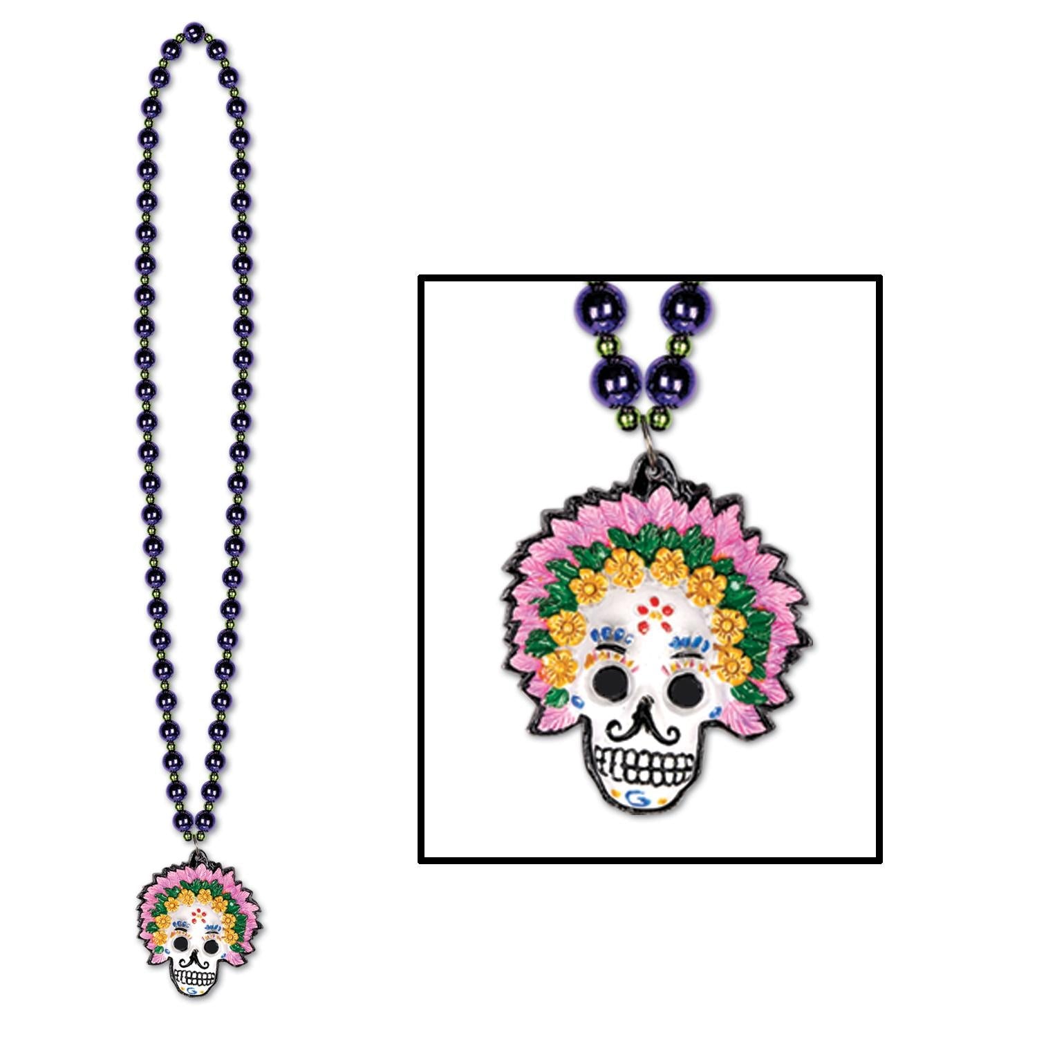 12 Pack Beistle Bead Necklace with Day of The Dead Medallion - Colorful Mexican Fiesta Party Accessories for Halloween, Dia de Los Muertos Celebrations & Costume Jewelry
