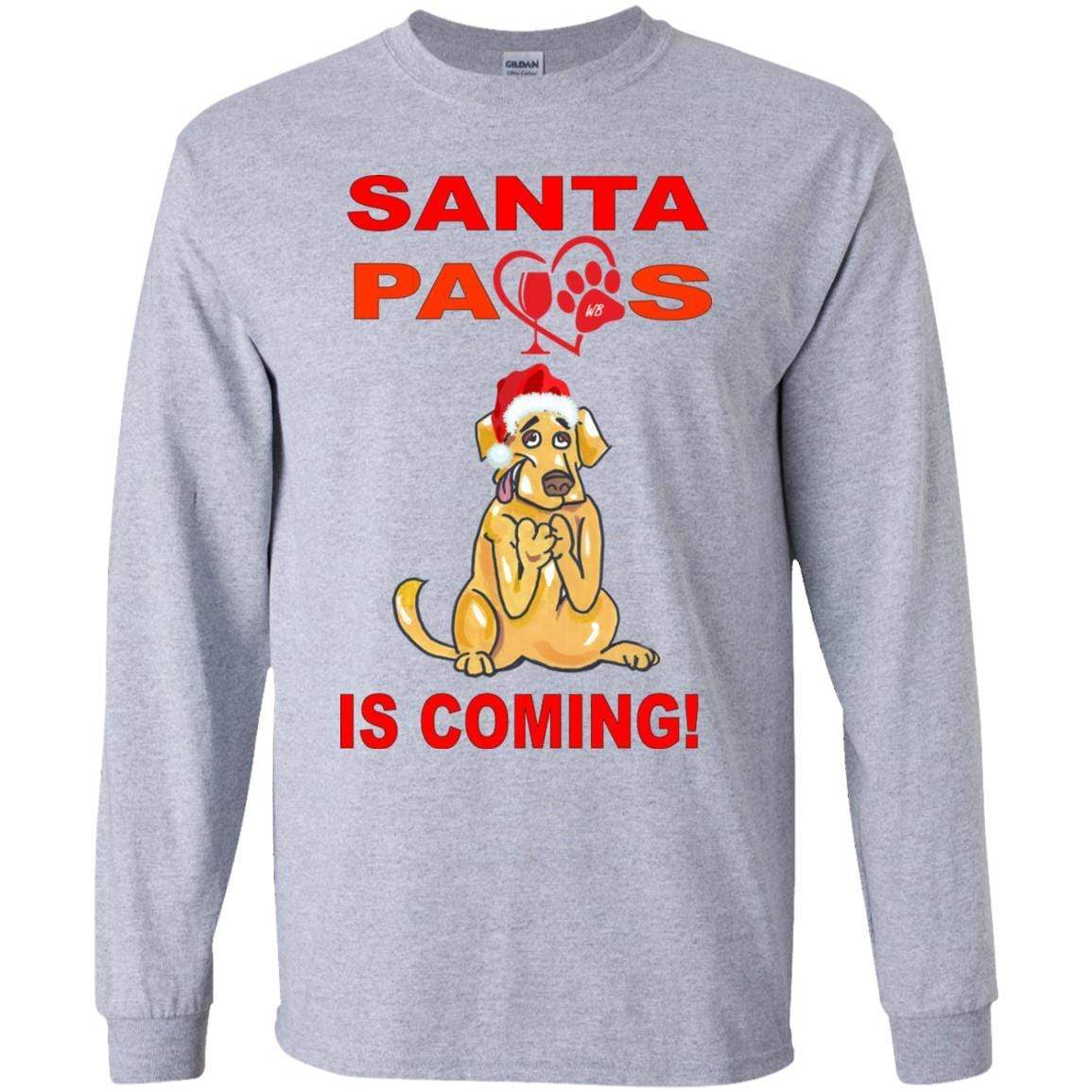 Santa Paws Is Coming Youth Long Sleeve T-Shirt | Cute Christmas Dog Lover Tee | Holiday Family Matching Outfits & Pet Photo Shoots