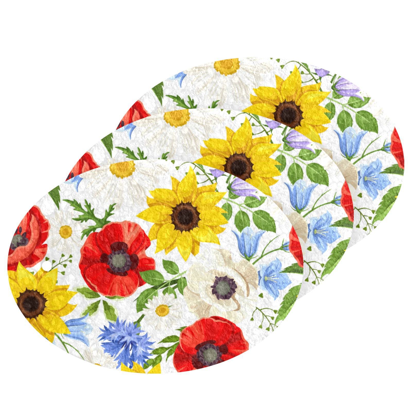 Kcldeci 3 Pack Kitchen Dish Scrub Sponge Pads - Yellow & Red Flower Scrubber for Dishes, Dishwashing & Household Cleaning | Durable & Absorbent Kitchen Sponges for Sinks, Countertops & Pots