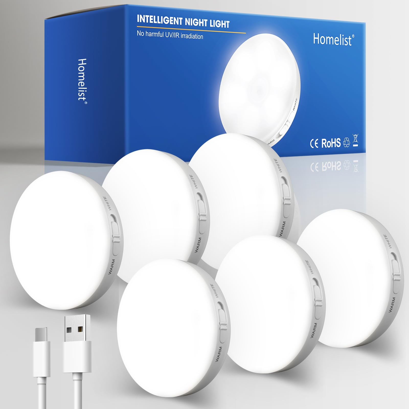 Homelist 6-Pack Motion Sensor LED Under Cabinet Lights - Wireless Rechargeable Battery Operated Puck Lights for Kitchen, Closet, Stairs & Walls (Warm/White) | Indoor Magnetic Night Lighting for Home Safety & Convenience