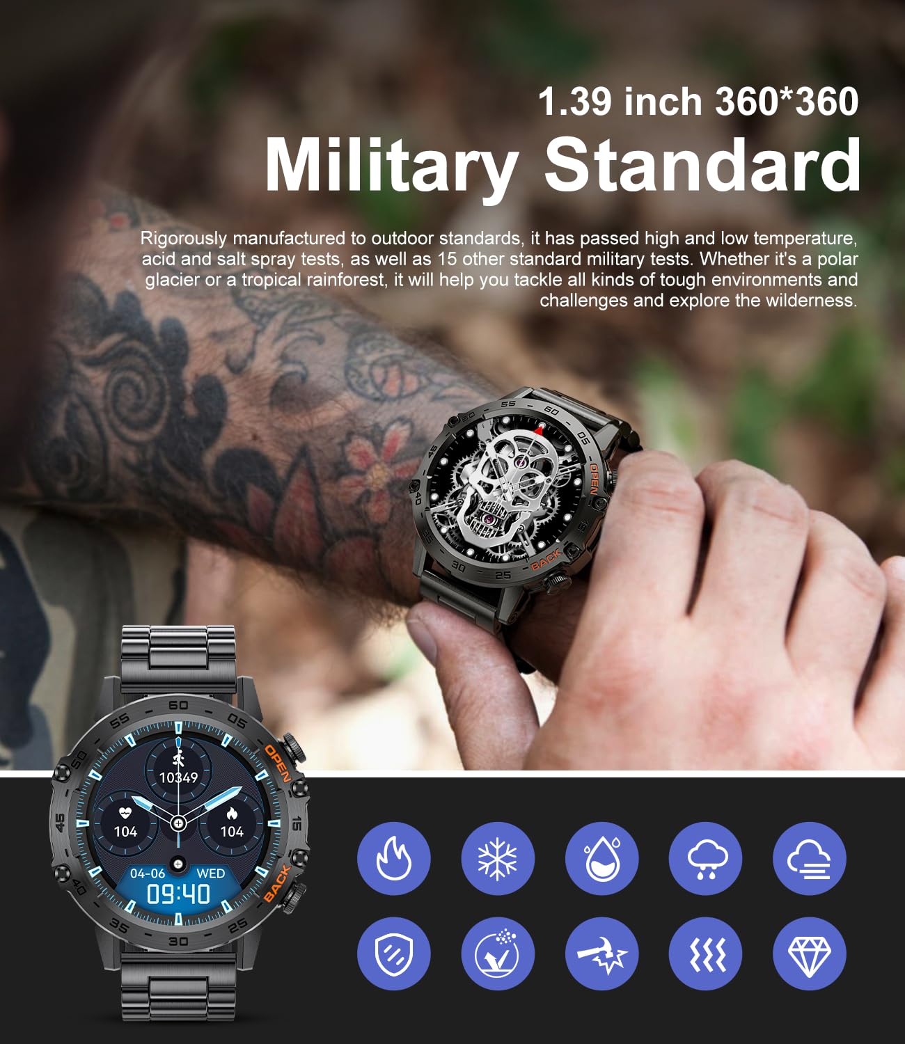 FEELNEVER Smart Watch for Men - Military Tactical Fitness Tracker with Wireless Call, Heart Rate, SpO2, Blood Pressure & Sleep Monitor | IP67 Waterproof Smartwatch Compatible with Android & iPhone | Perfect for Outdoor Activities, Workouts & Daily Health Tracking - Black