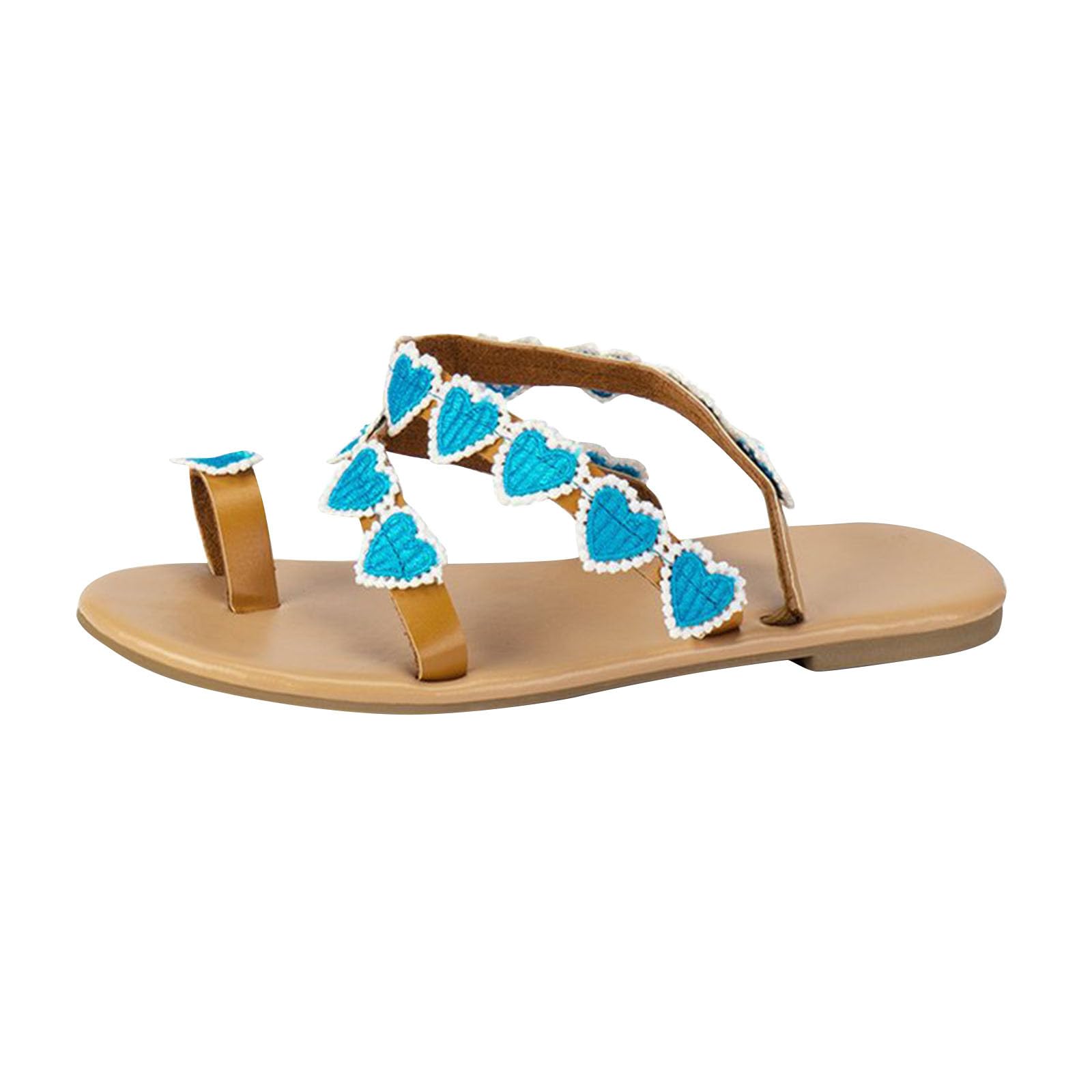 Oelaio Women's Summer Sandals - Plus Size Boho Ethnic Flat Sandals with Love Pinch Toe Design | Comfortable Beach Sandals & Casual Heeled Sandals (Size 6.5) | Perfect for Vacation, Beach Outings & Summer Fashion