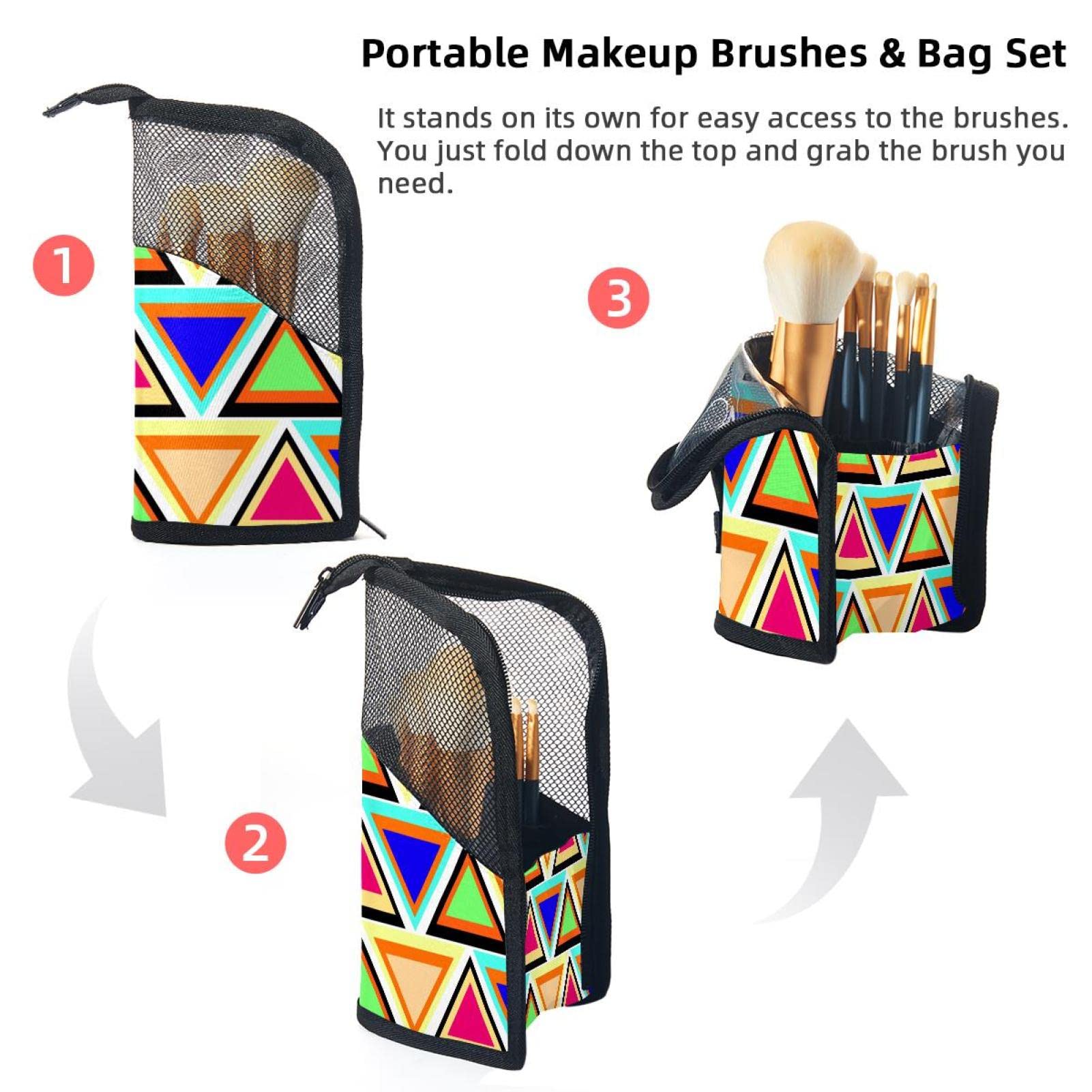12-Piece Makeup Brush Organizer Bag with Geometric Triangle Retro Design - Portable Travel Cosmetic Brush Holder Case for Professional & Home Use