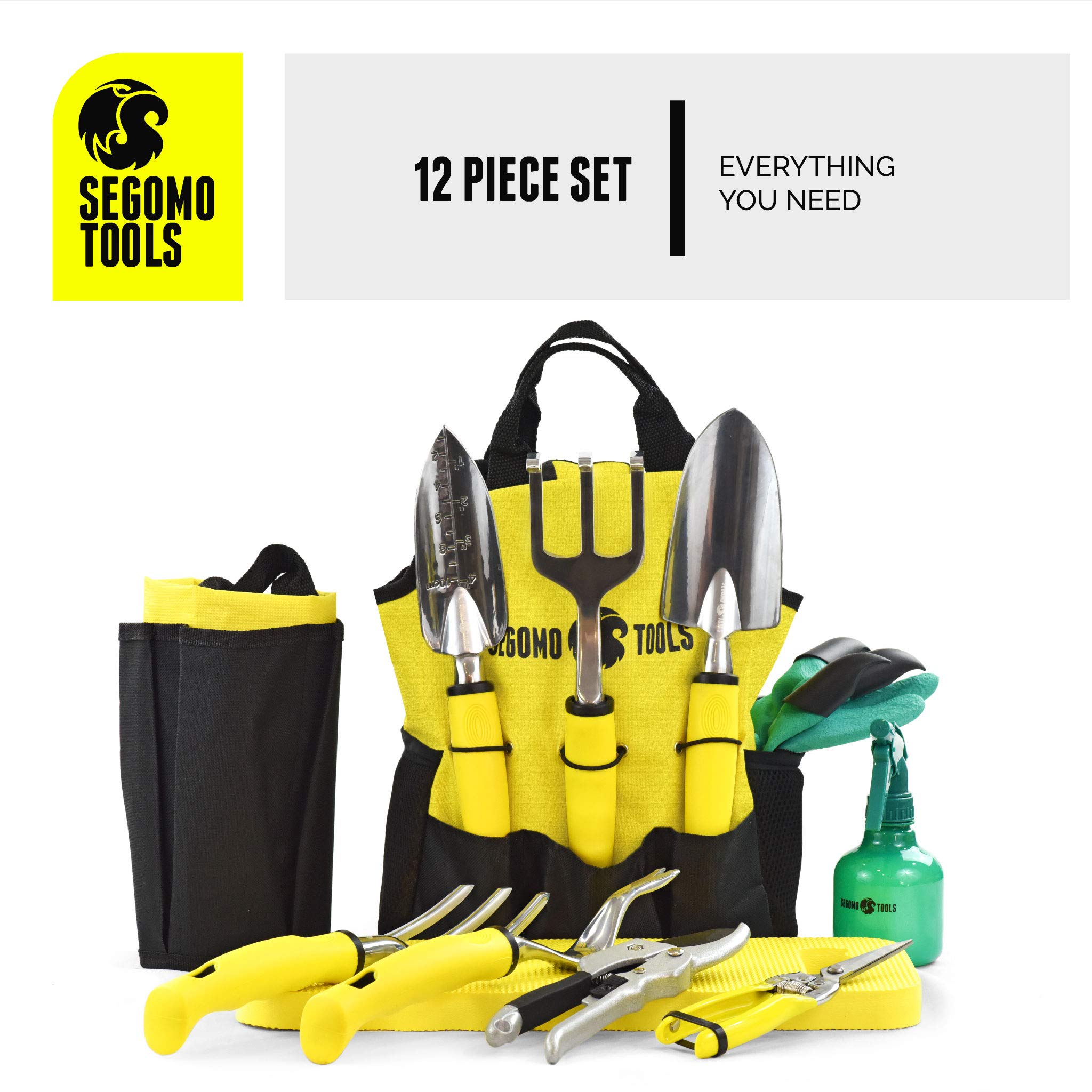 Segomo Tools 12-Piece Premium Garden Tool Set with Gloves, Kneeling Pad, Spray Bottle, Apron & Tote Bag | Complete Gardening Kit for Planting, Weeding & Landscaping | Ideal for Home Gardeners, Backyard Farming & Outdoor DIY Projects