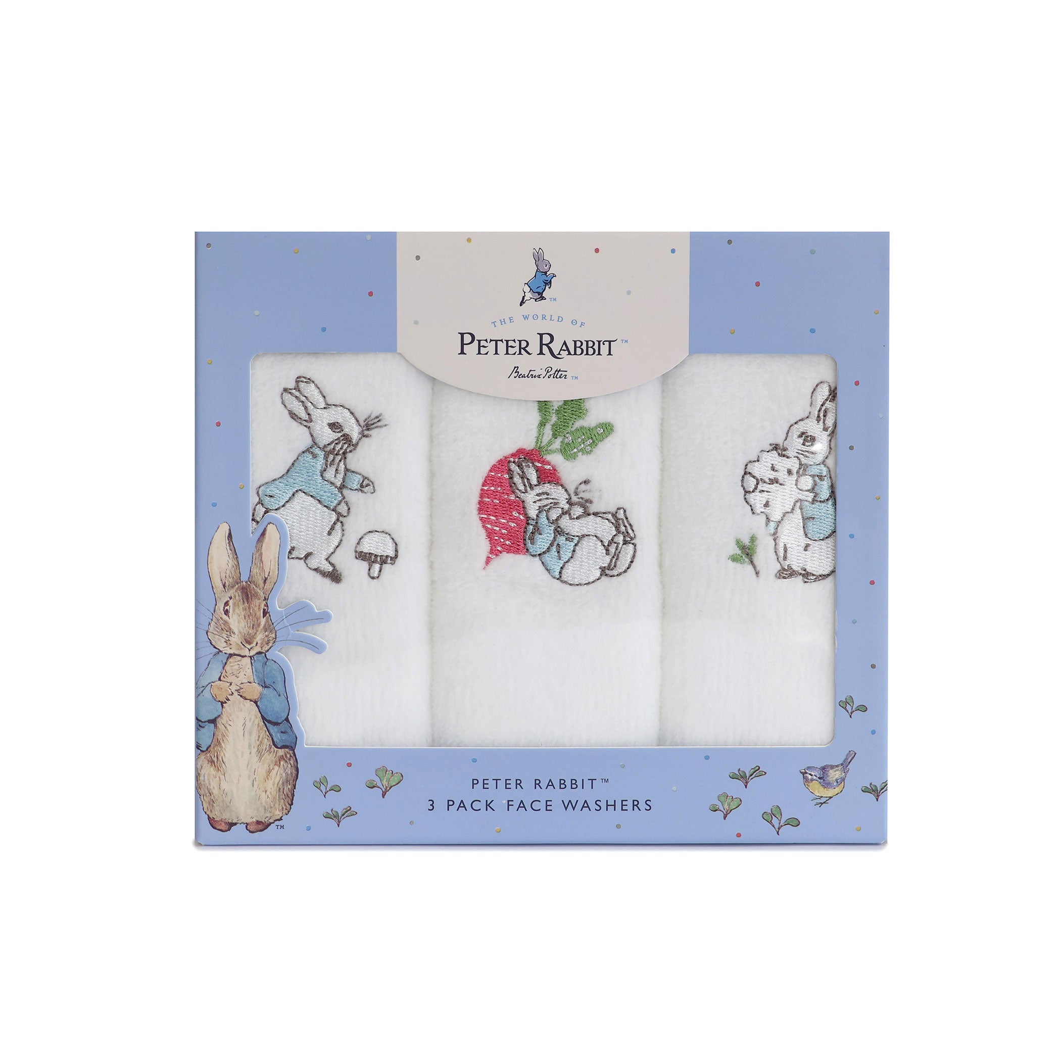 Peter Rabbit 'New Adventure' 3 Pack Soft Cotton Face Washers for Kids - Blue | Gentle Baby Washcloths for Bath Time & Skincare | Nursery, Travel & Daily Use