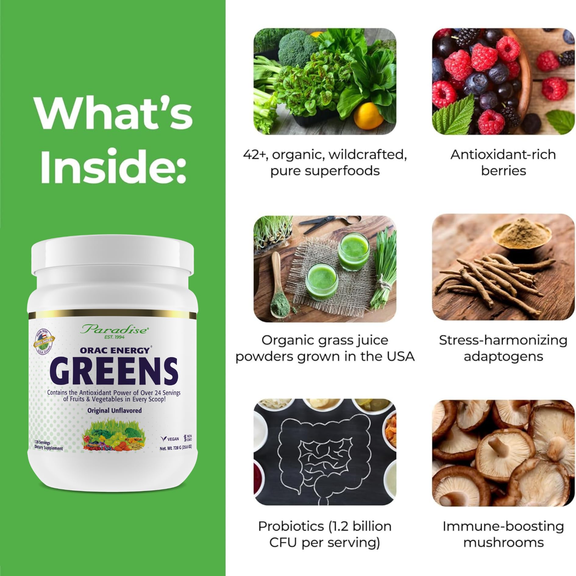Paradise Herbs ORAC Energy Greens Powder - Superfood Antioxidant Supplement with 24 Servings of Fruits & Vegetables per Scoop, 120 Servings - Boost Energy & Immunity for Active Lifestyles