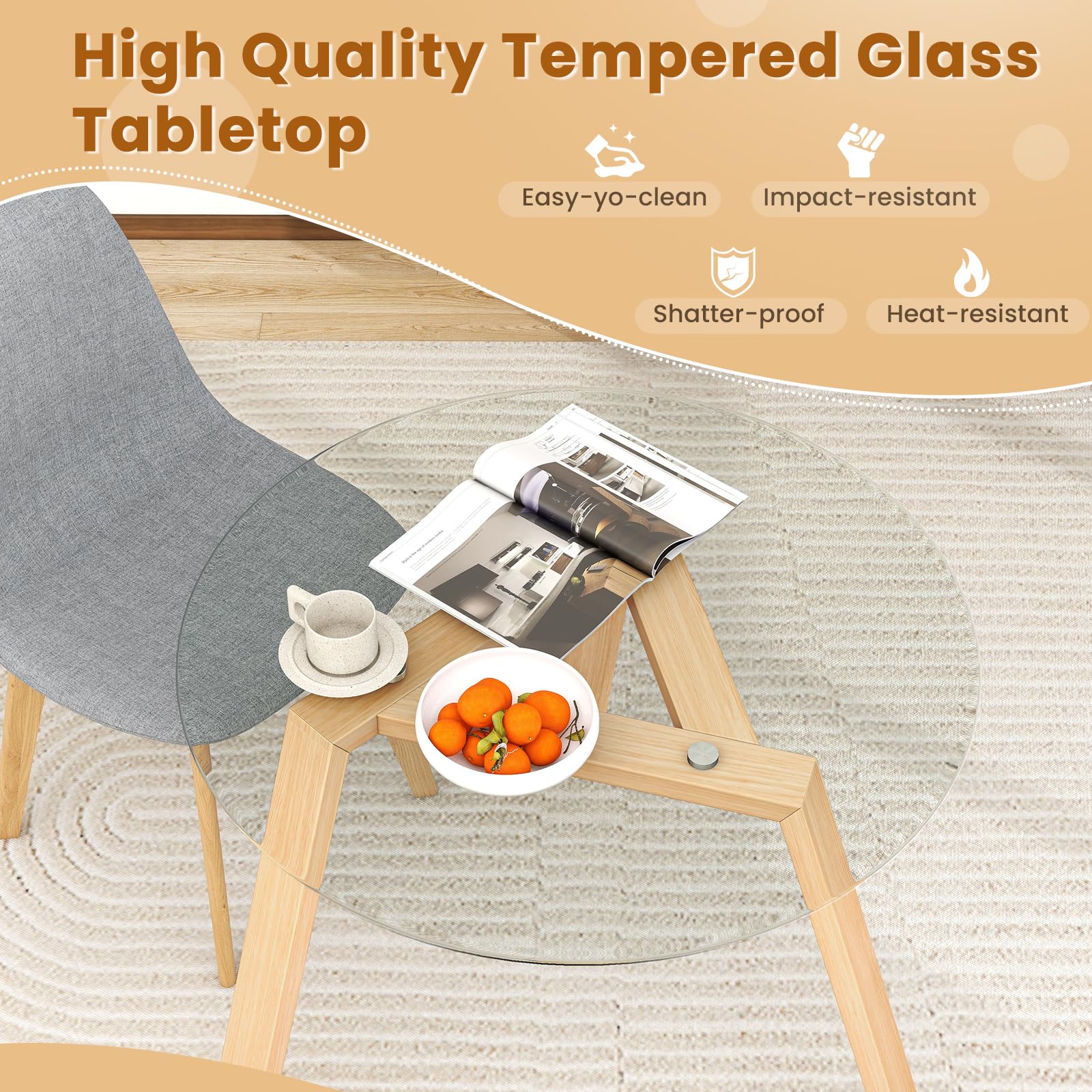 GOFLAME 36” Round Glass Dining Table for 4, Modern Kitchen Table with Tempered Glass Top & Rubber Wood Legs, Compact Coffee Table for Small Spaces, Perfect for Living Room, Dining Area, and Breakfast Nook