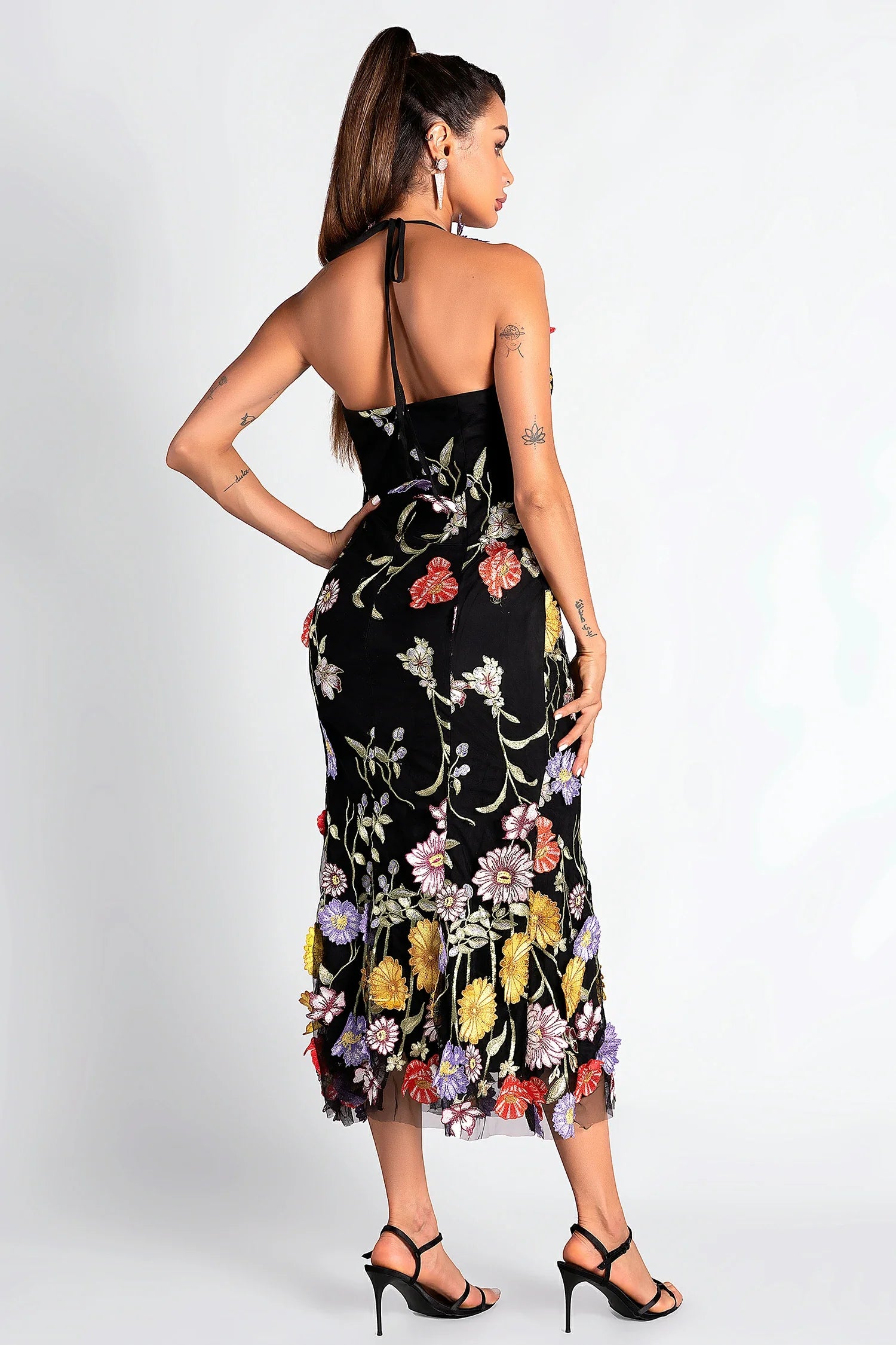 Black Floral Embroidered Halter Midi Dress - Perfect for Summer Parties, Beach Vacations & Date Nights