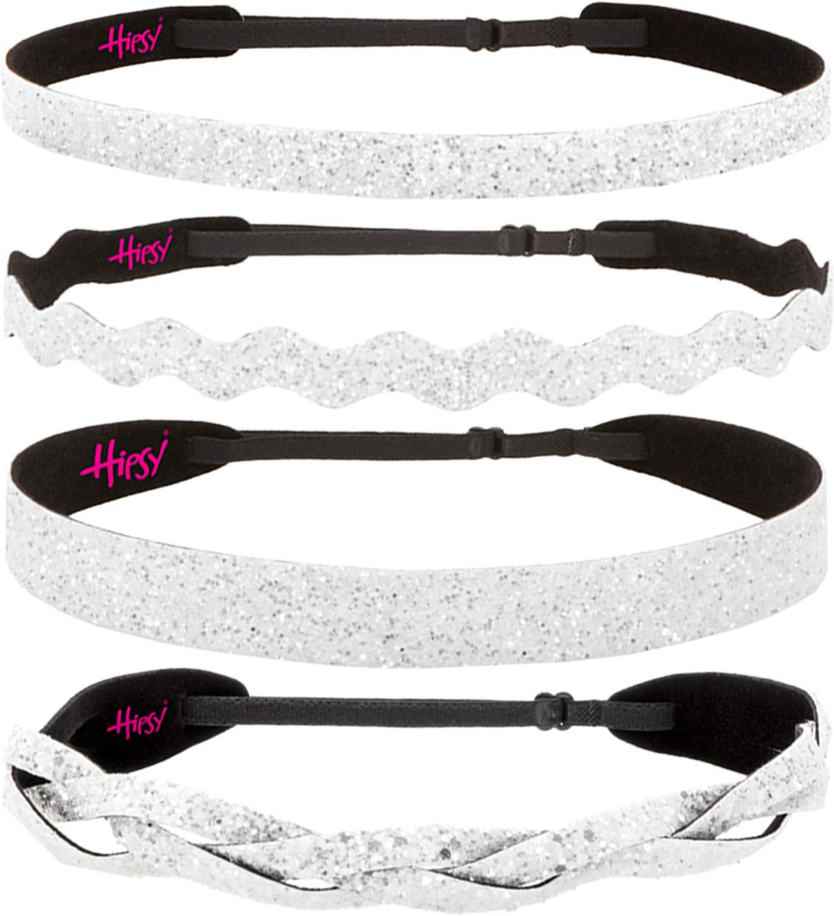 Stylish Plus Size Adjustable No-Slip Sparkly Bling Headbands 4-Pack for Women, Girls & Teens - Glitter Mixed White - Perfect for Workouts, Parties & Everyday Fashion