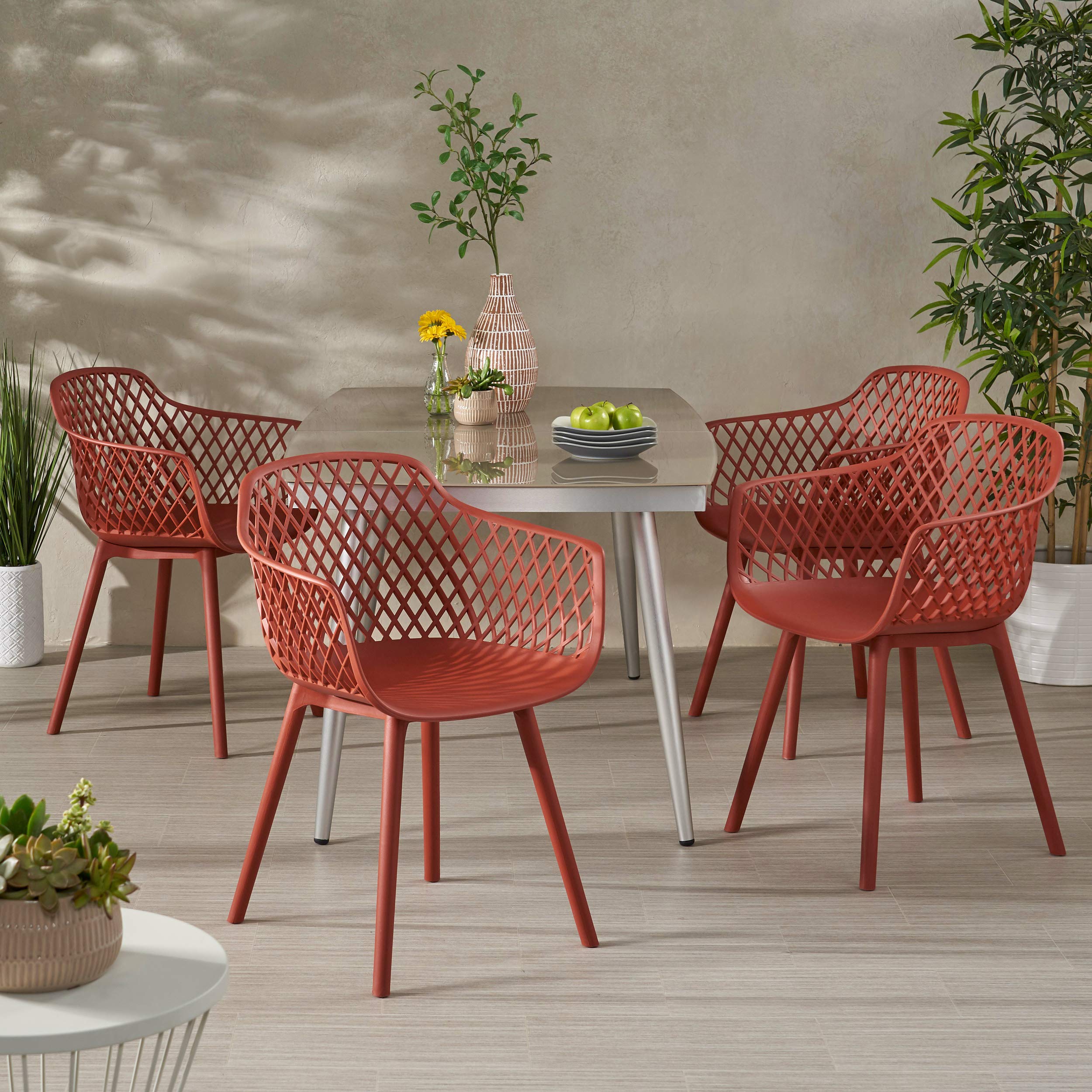 Christopher Knight Home Delia Outdoor Dining Chair Set of 4 - Weather-Resistant Red Patio Chairs for Garden, Poolside, and Backyard Dining